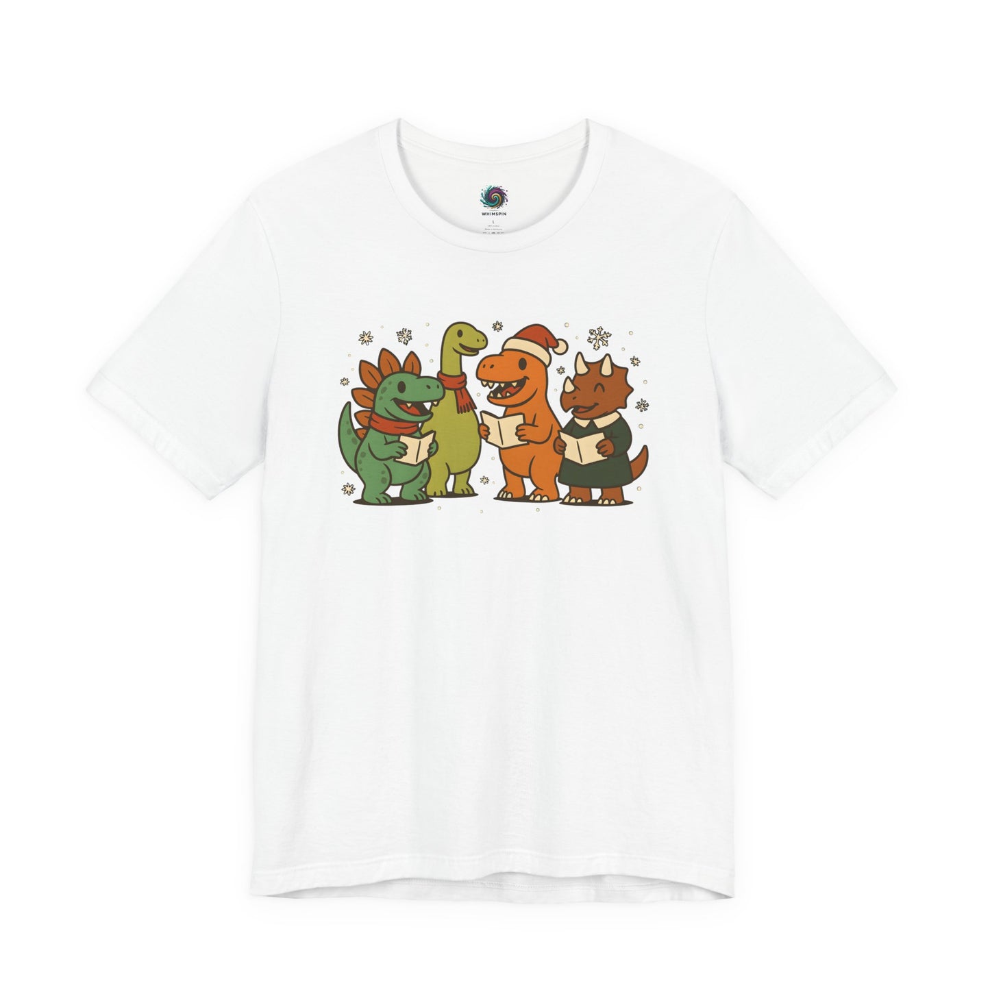 Dinosaur Carolers T-Shirt – Cute Dino Christmas Singing Tee in white with cartoon dinos singing Christmas carols