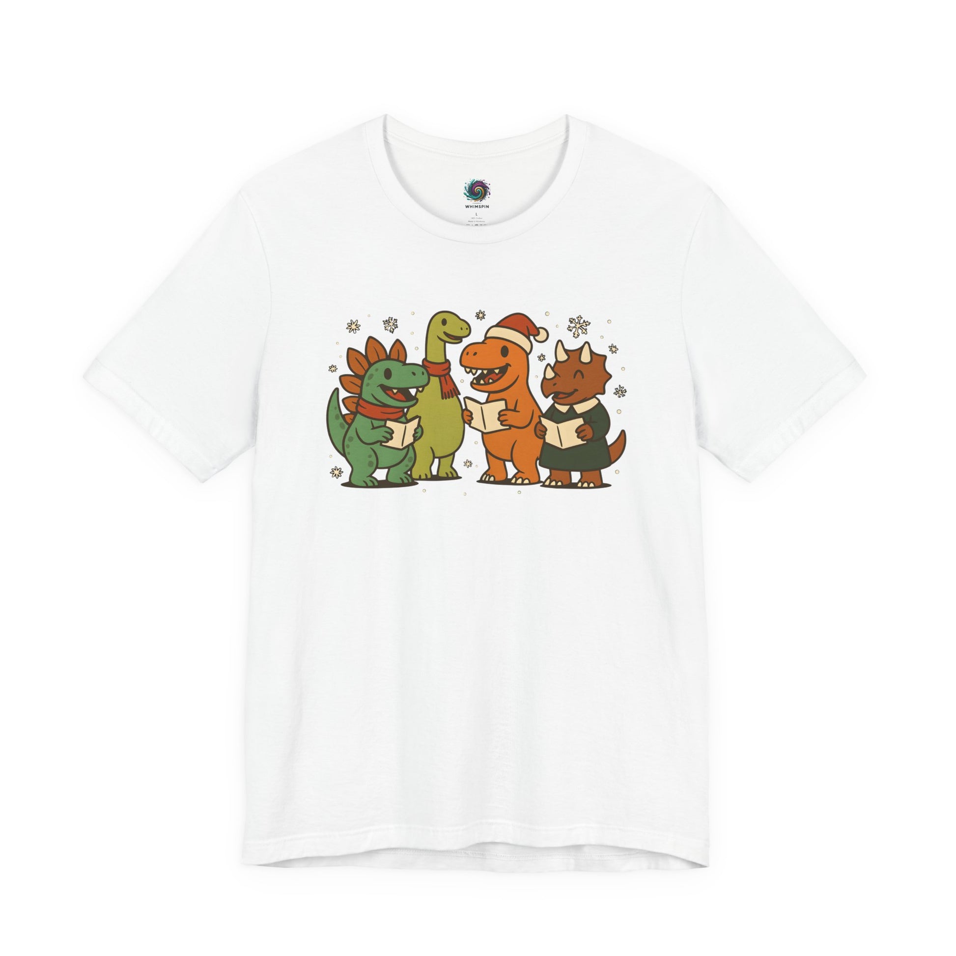 Dinosaur Carolers T-Shirt – Cute Dino Christmas Singing Tee in white with cartoon dinos singing Christmas carols