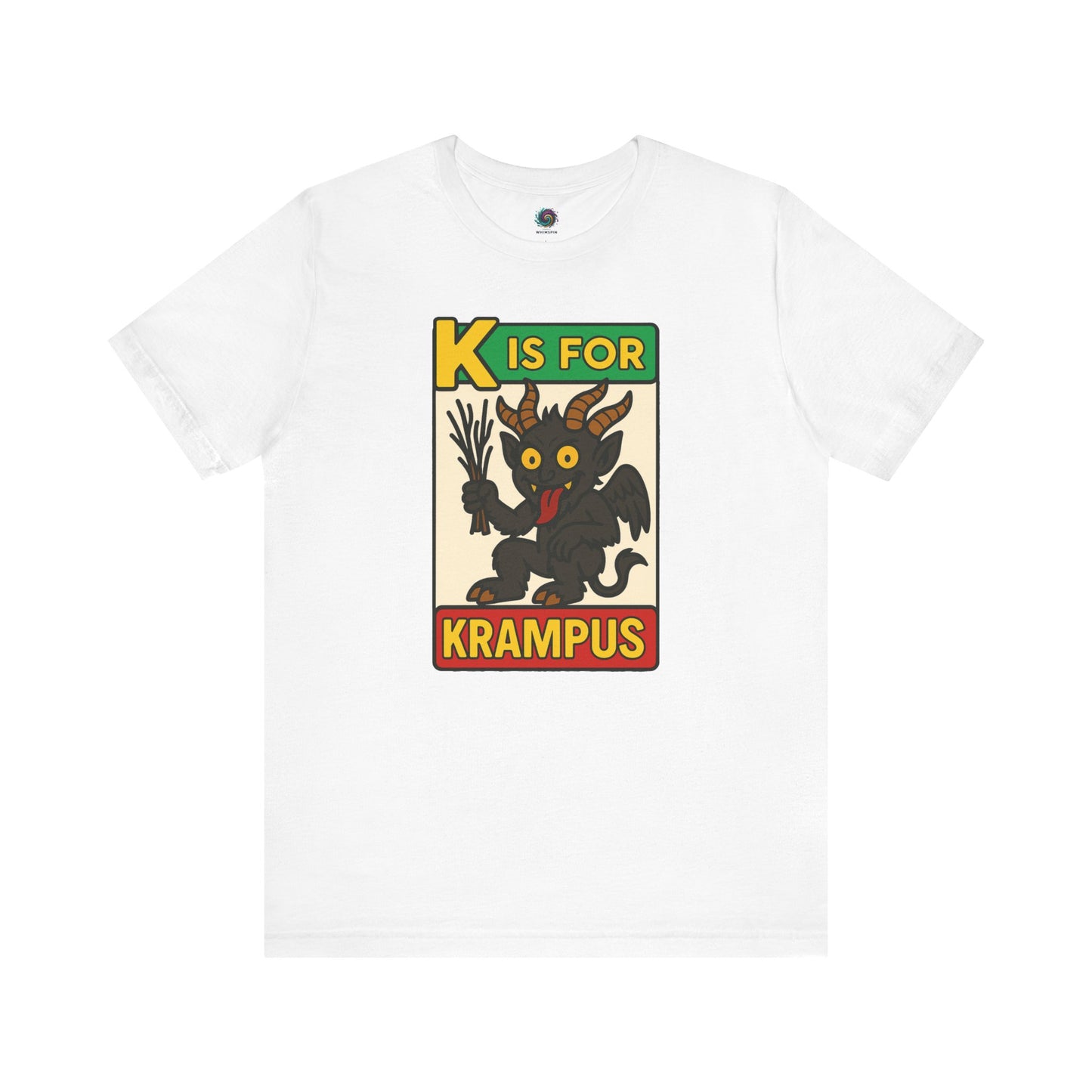 K is for Krampus Alphabet Holiday Graphic T-Shirt in White flat lay with monster alphabet K is for Krampus design