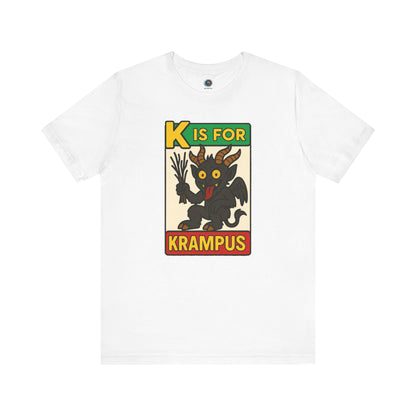 K is for Krampus Alphabet Holiday Graphic T-Shirt in White flat lay with monster alphabet K is for Krampus design