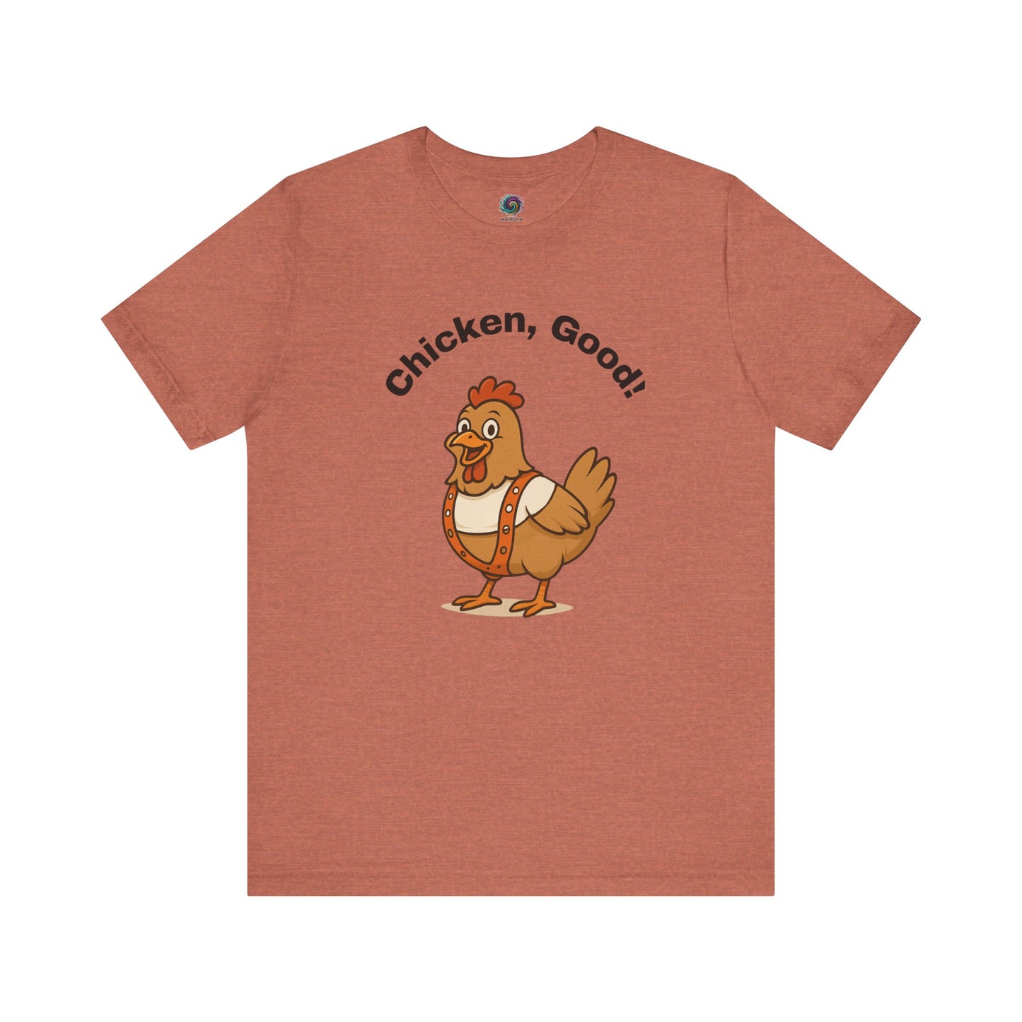 Chicken Good T-Shirt – Sci-Fi Divine Being Parody Chicken Tee in heather clay flat lay with bold sci-fi multi-pass inspired design