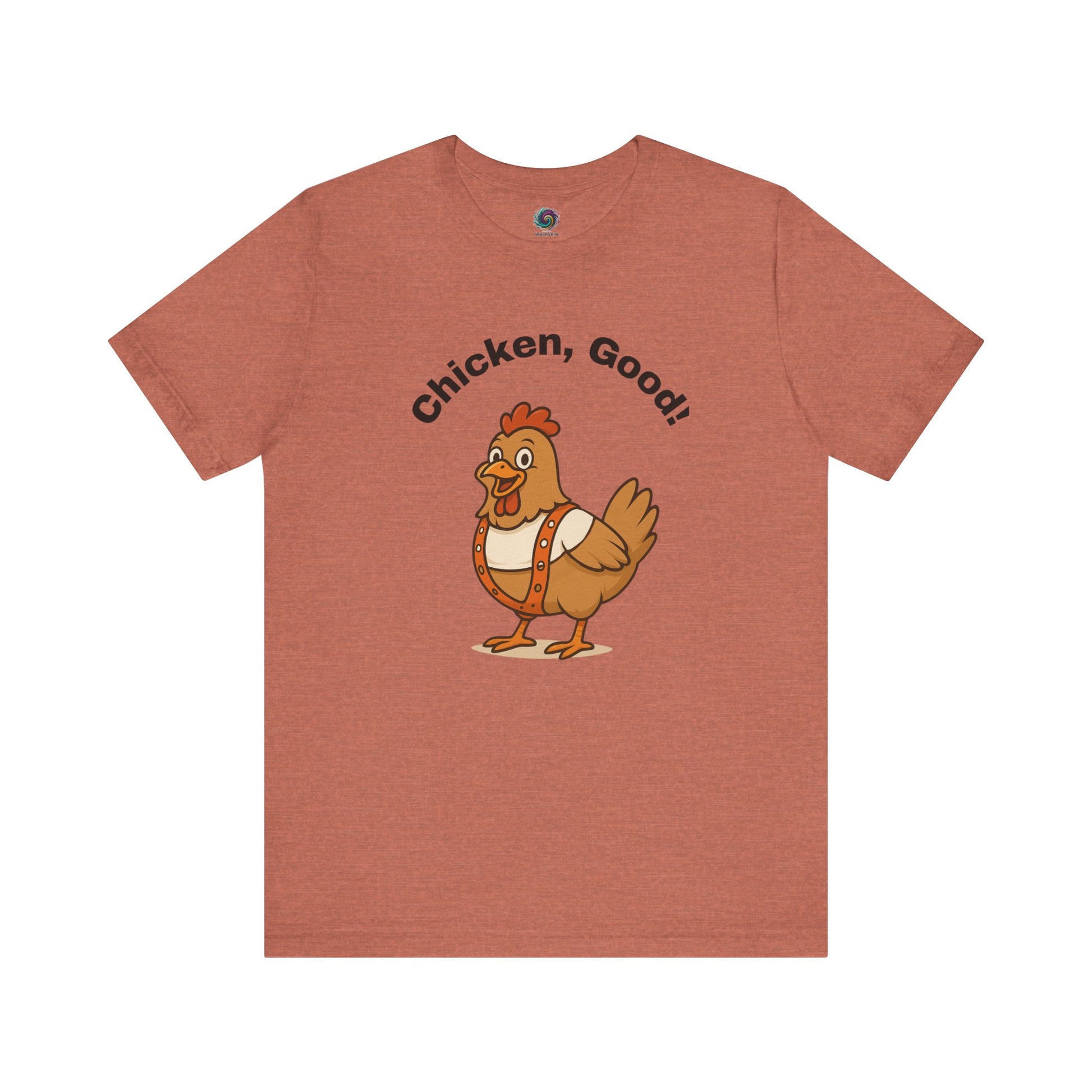 Chicken Good T-Shirt – Sci-Fi Divine Being Parody Chicken Tee in heather clay flat lay with bold sci-fi multi-pass inspired design