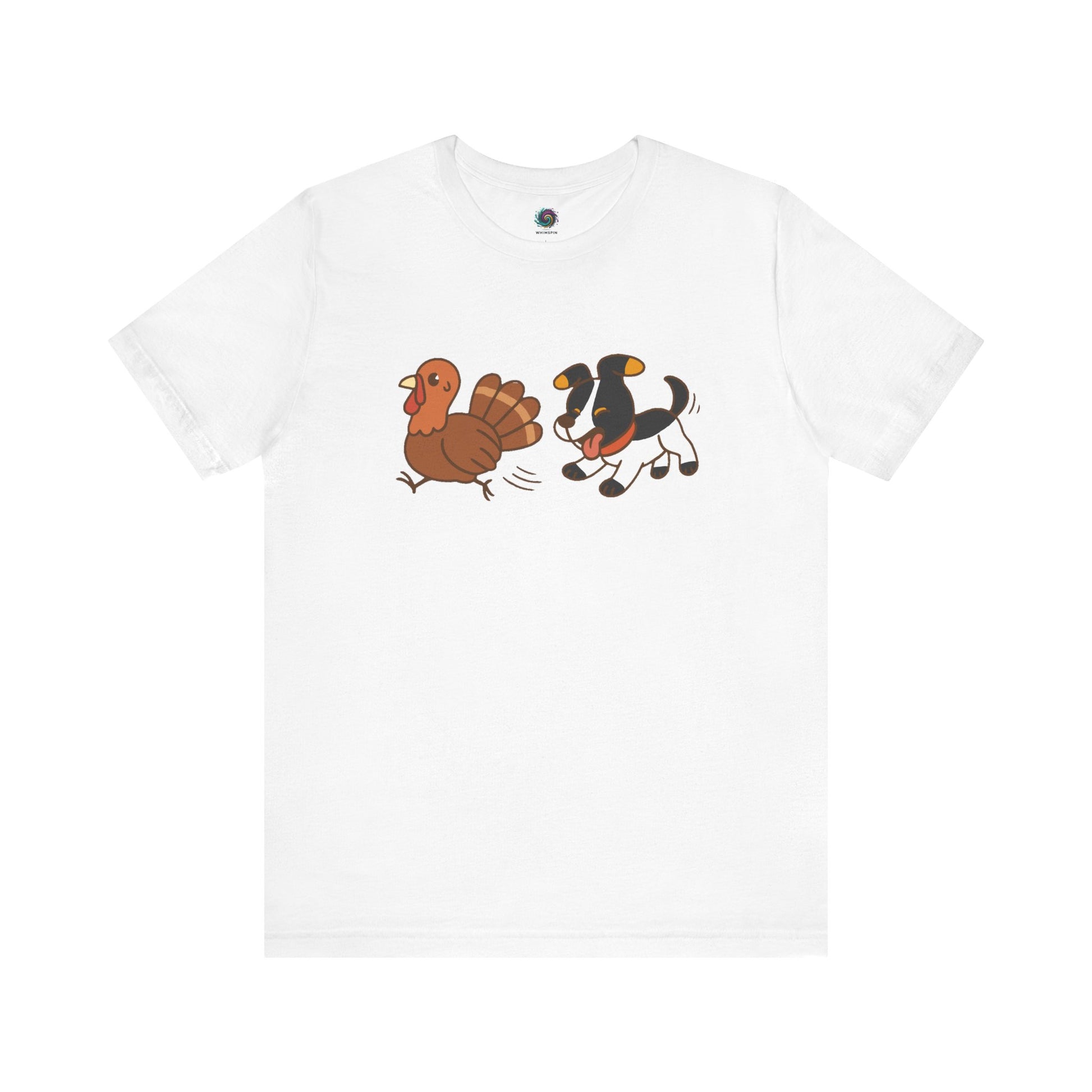 Dog Chasing Turkey T-Shirt – Funny Thanksgiving Dog Tee in white with humorous fall dog and turkey design