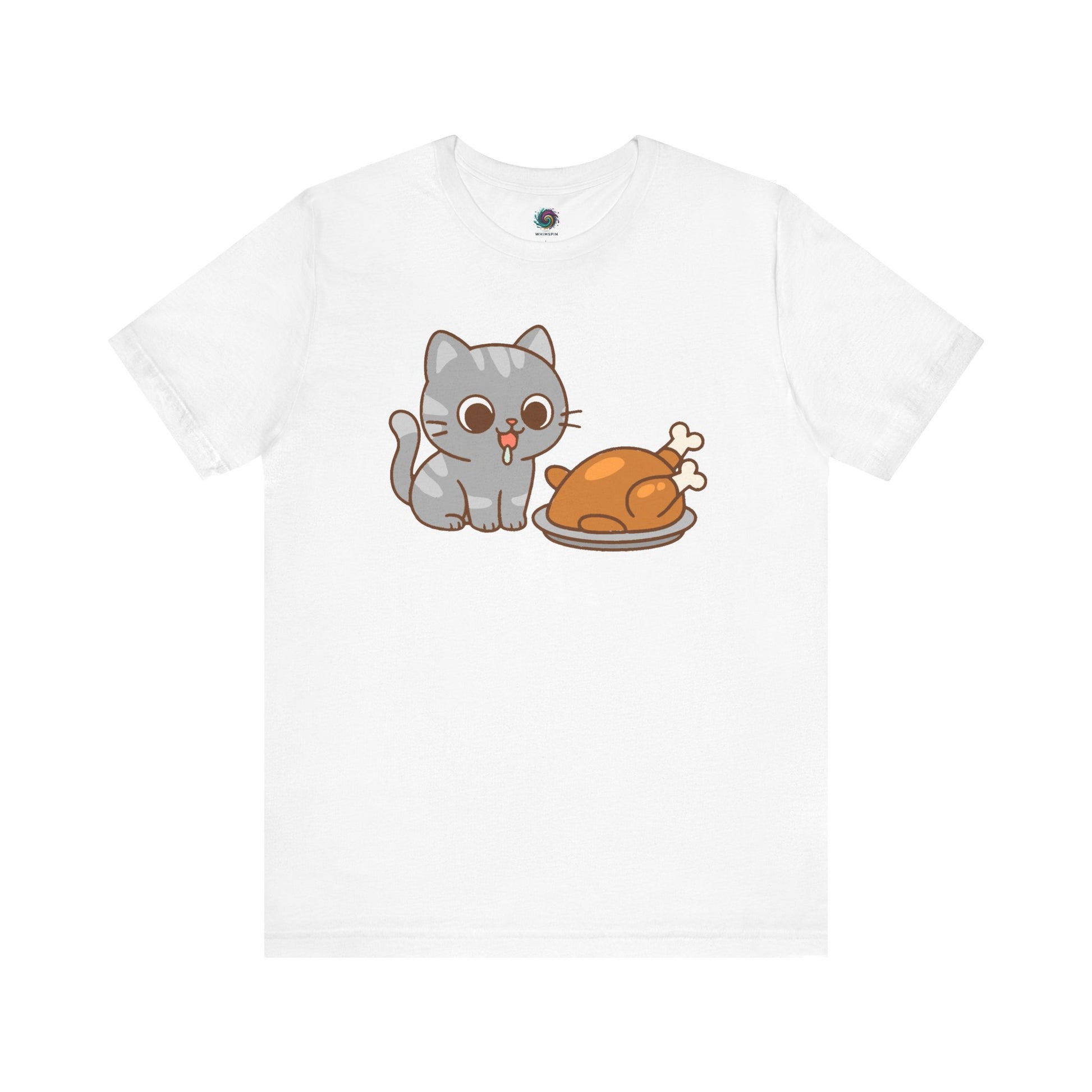 Thanksgiving Cat T-Shirt – Cute Hungry Cat and Turkey Tee in white with chibi-style gray tabby and golden roasted turkey