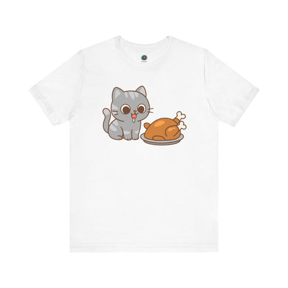 Thanksgiving Cat T-Shirt – Cute Hungry Cat and Turkey Tee in white with chibi-style gray tabby and golden roasted turkey