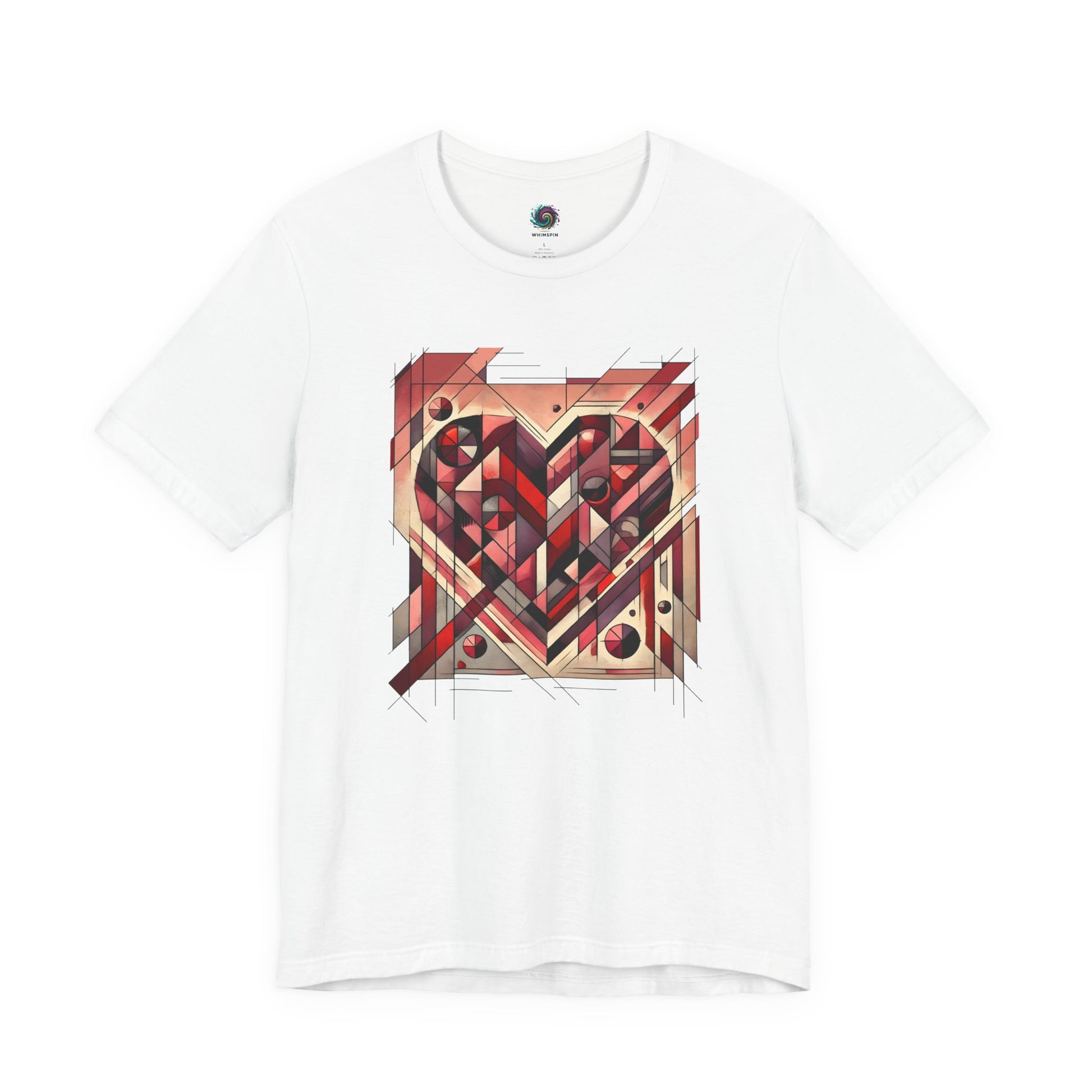 Cubist Heart T-Shirt – Modern Art Valentine's Day Graphic Tee in White, offering a crisp backdrop that emphasizes the cubist heart and modern art valentine design.