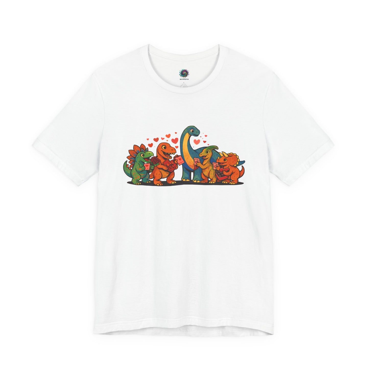 Dinosaur Valentines T-Shirt – Cute Dino Valentine’s Day Tee in White presenting crisp dinosaur valentines artwork with bright colors and clear detail