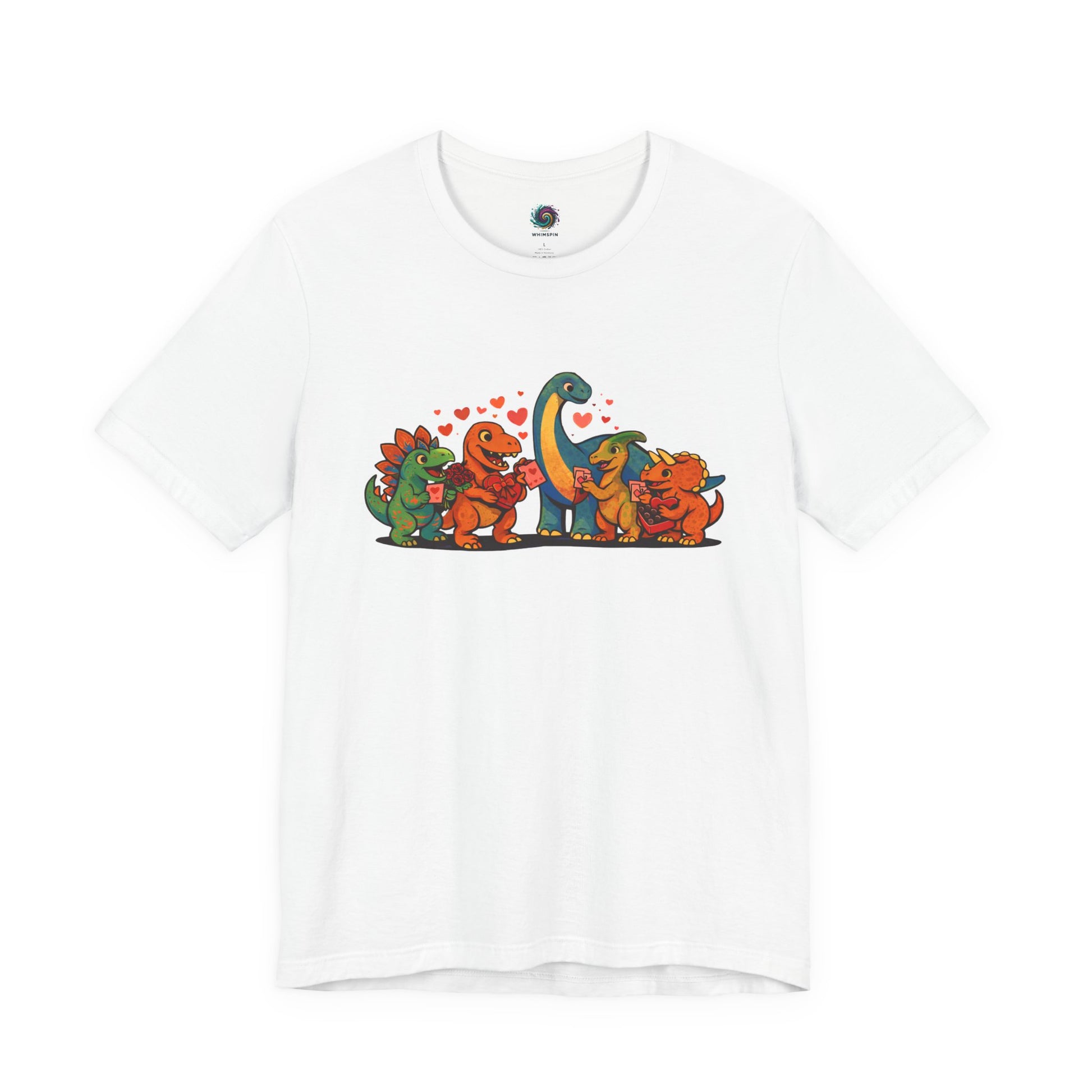 Dinosaur Valentines T-Shirt – Cute Dino Valentine’s Day Tee in White presenting crisp dinosaur valentines artwork with bright colors and clear detail