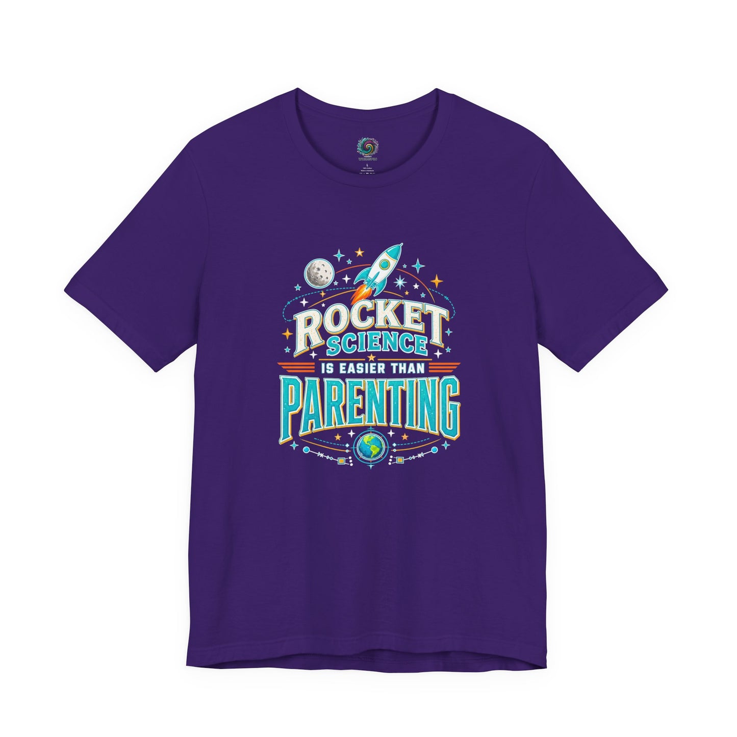 Rocket Science Parenting T-Shirt – Funny Aerospace Parent Tee on team purple with a witty rocket science design for aerospace parents.