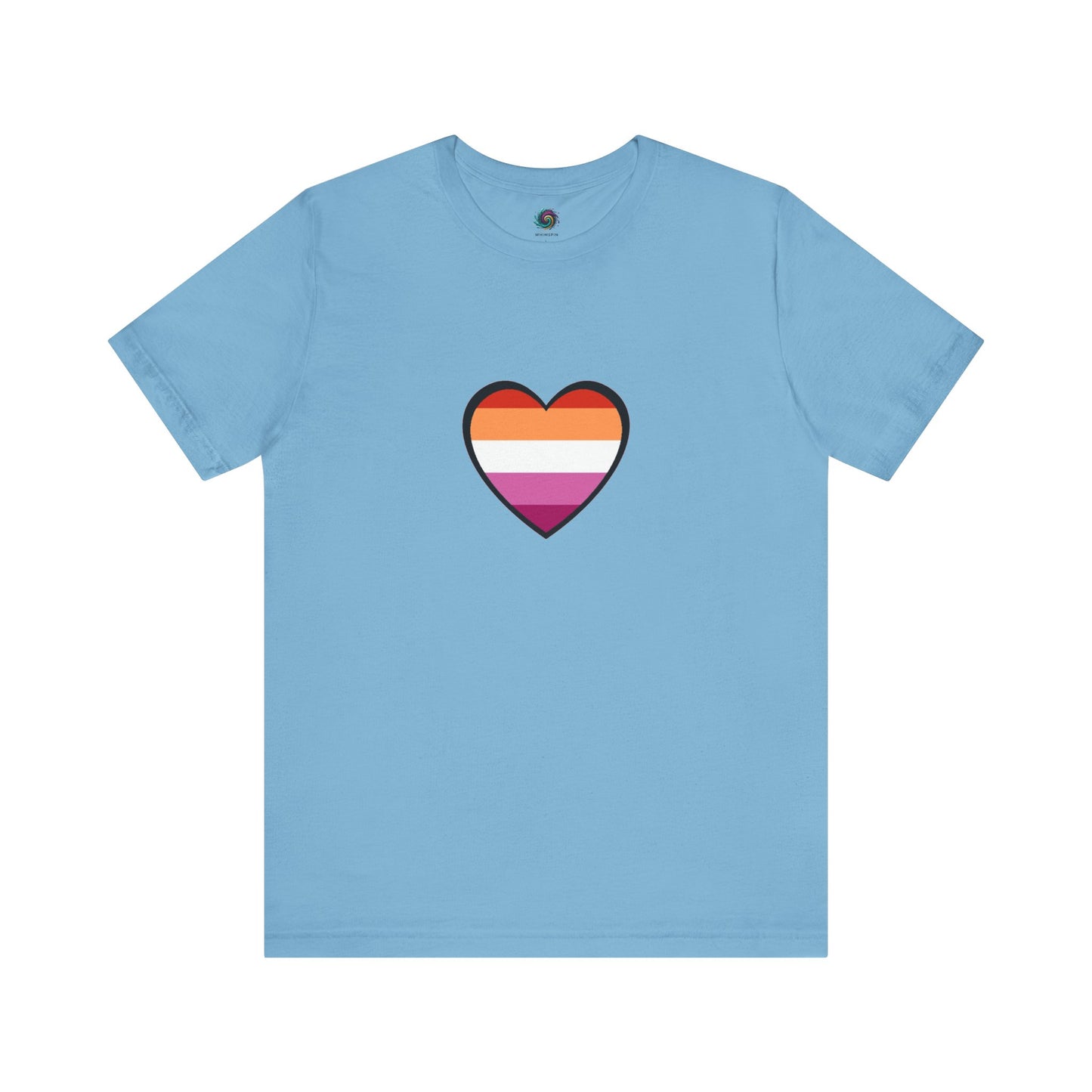 Lesbian Pride Flag Heart T-Shirt – Bold LGBTQ+ Graphic Tee in ocean blue, featuring the iconic lesbian flag heart for visible and stylish pride.