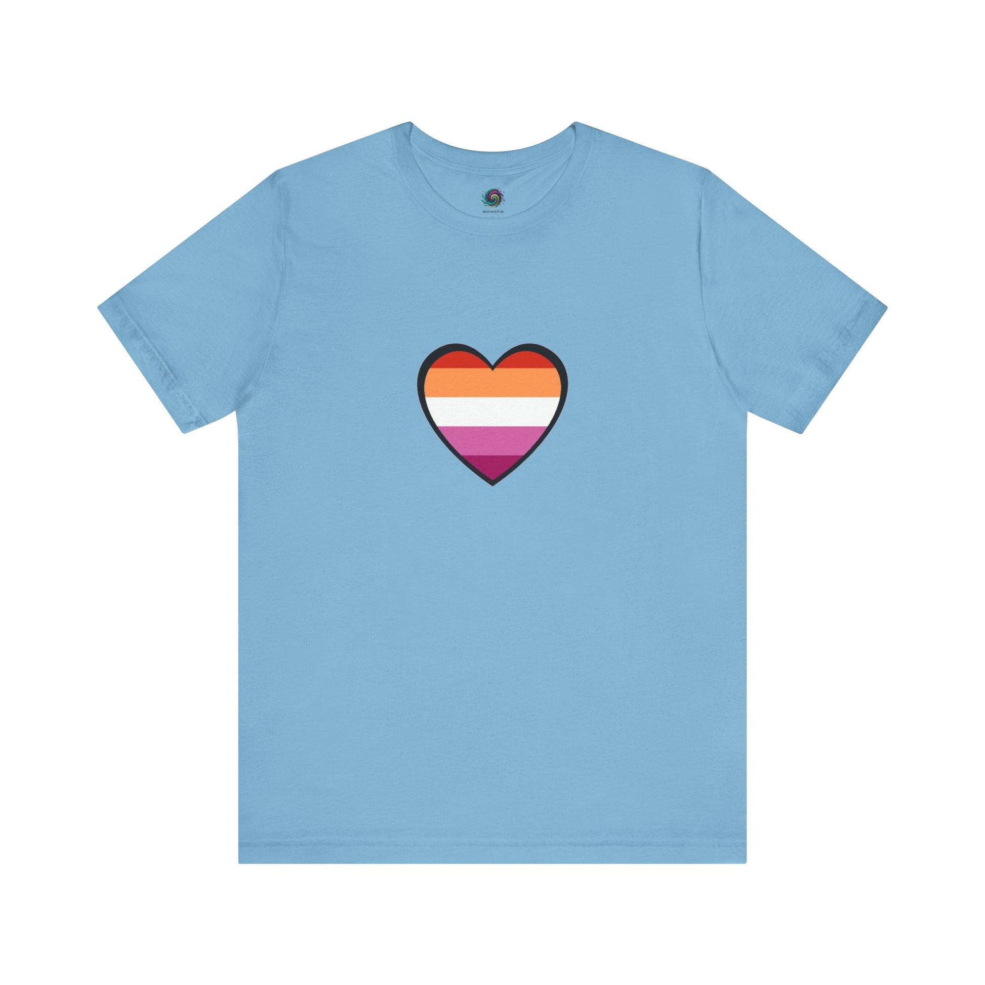 Lesbian Pride Flag Heart T-Shirt – Bold LGBTQ+ Graphic Tee in ocean blue, featuring the iconic lesbian flag heart for visible and stylish pride.