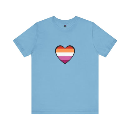 Lesbian Pride Flag Heart T-Shirt – Bold LGBTQ+ Graphic Tee in ocean blue, featuring the iconic lesbian flag heart for visible and stylish pride.