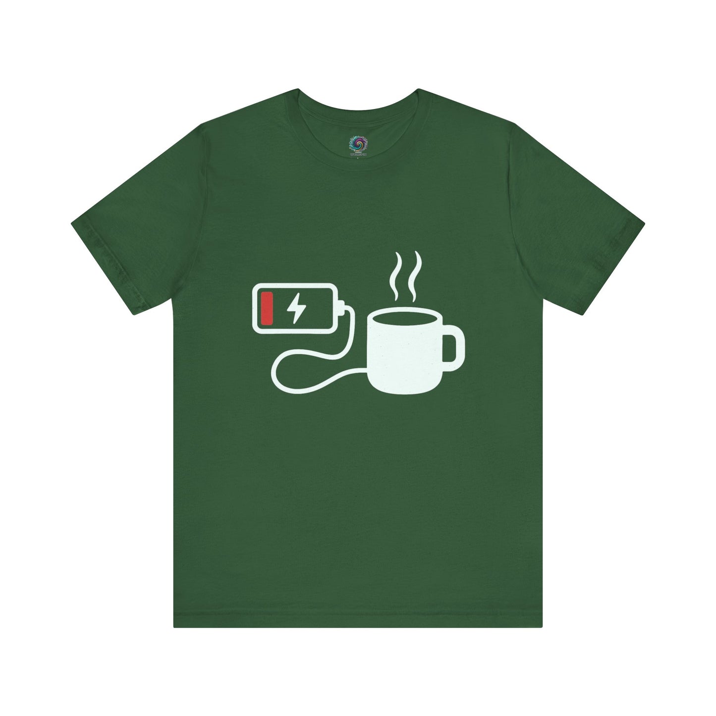 Low Battery Need Coffee T-Shirt in evergreen with subtle tech-meets-caffeine joke for morning people.
