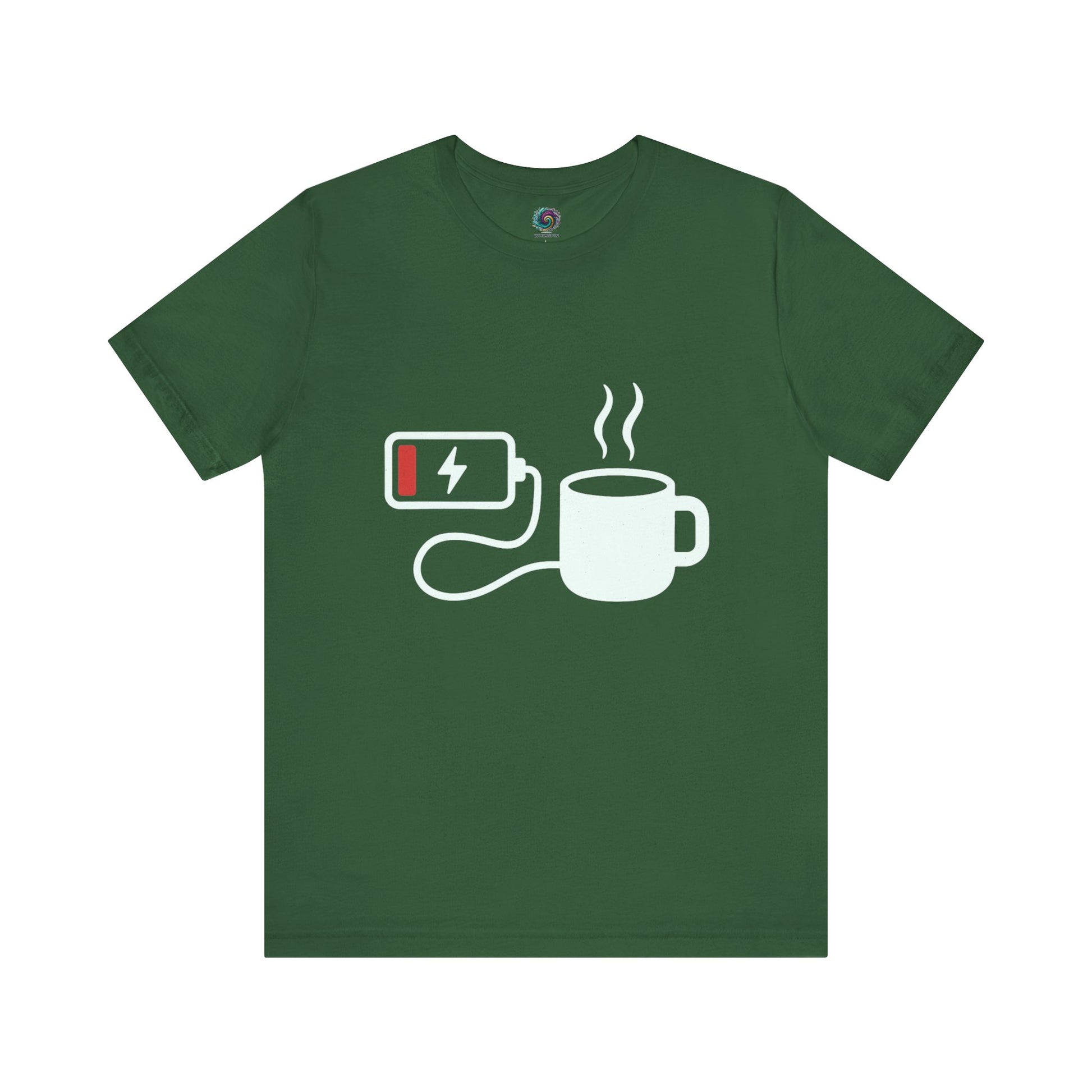 Low Battery Need Coffee T-Shirt in evergreen with subtle tech-meets-caffeine joke for morning people.