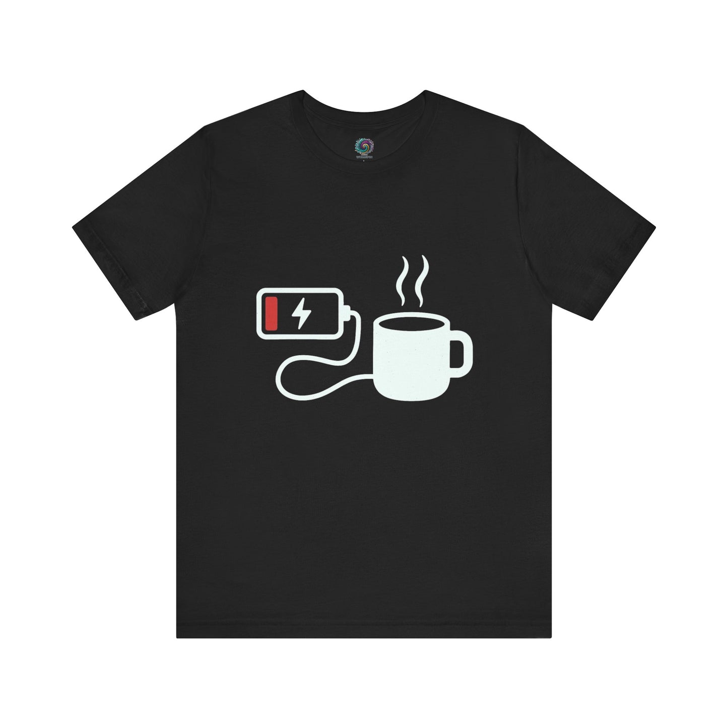 Black t-shirt with white graphic of a coffee cup and battery charge symbol on a white background