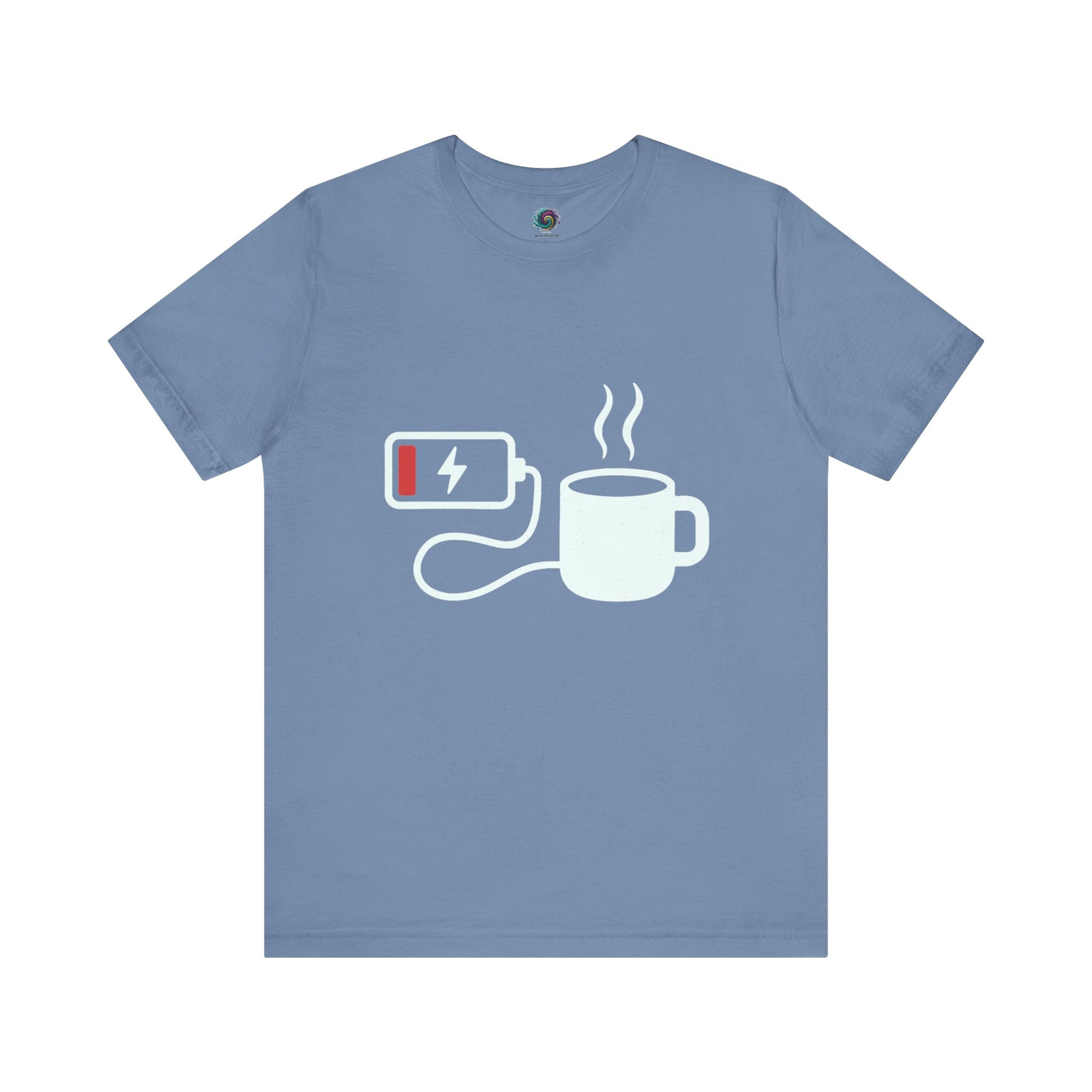 Low Battery Need Coffee T-Shirt in steel blue with minimalist charging icon for caffeine enthusiasts