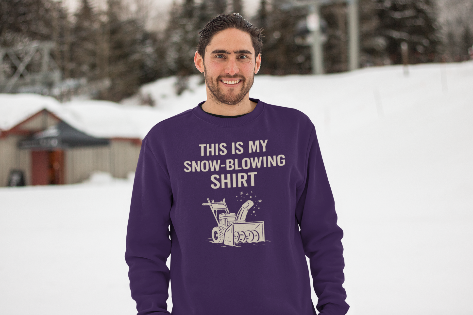 This Is My Snow-Blowing Shirt – Funny Winter Chore Sweatshirt modeled in snowy conditions, showcasing playful snow blowing humor and winter comfort.