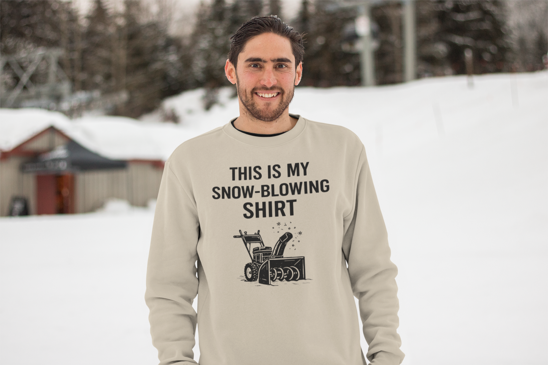 This Is My Snow-Blowing Shirt – Funny Winter Chore Sweatshirt shown worn outside in fresh snow, highlighting a classic snow blower graphic perfect for winter chores.