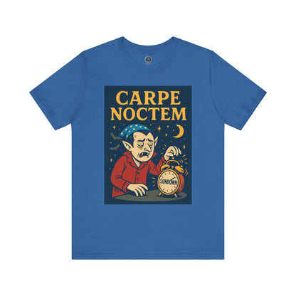 Columbia blue tshirt with 'Carpe Noctem' graphic design featuring a vampire with an alarm clock and moon. Perfect for Halloween parties, vampire fans, and night owls