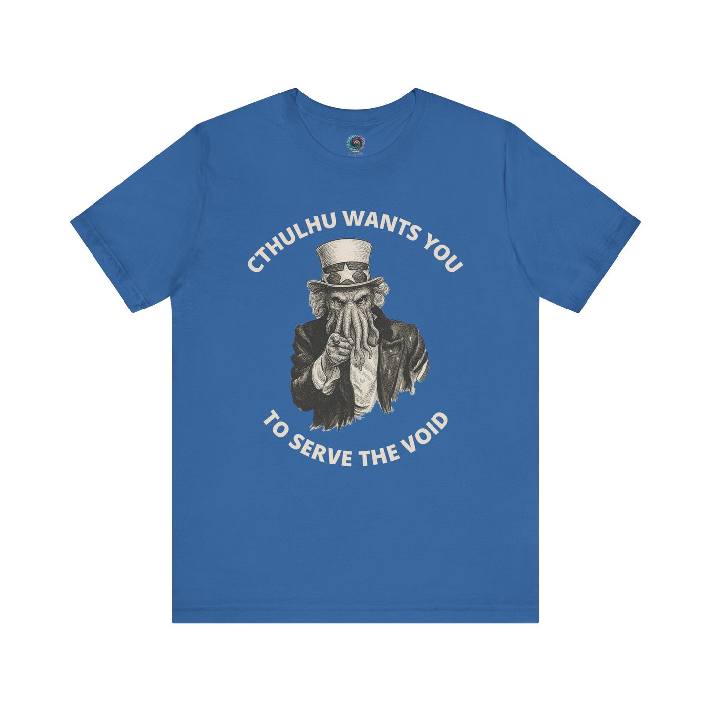 Cthulhu Wants You T-Shirt – Mythos Horror Tee for Lovecraft Fans in columbia blue with eerie Cthulhu Uncle Sam illustration and horror-themed typography.