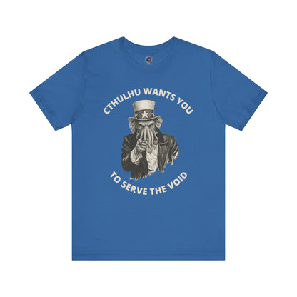 Cthulhu Wants You T-Shirt – Mythos Horror Tee for Lovecraft Fans in columbia blue with eerie Cthulhu Uncle Sam illustration and horror-themed typography.