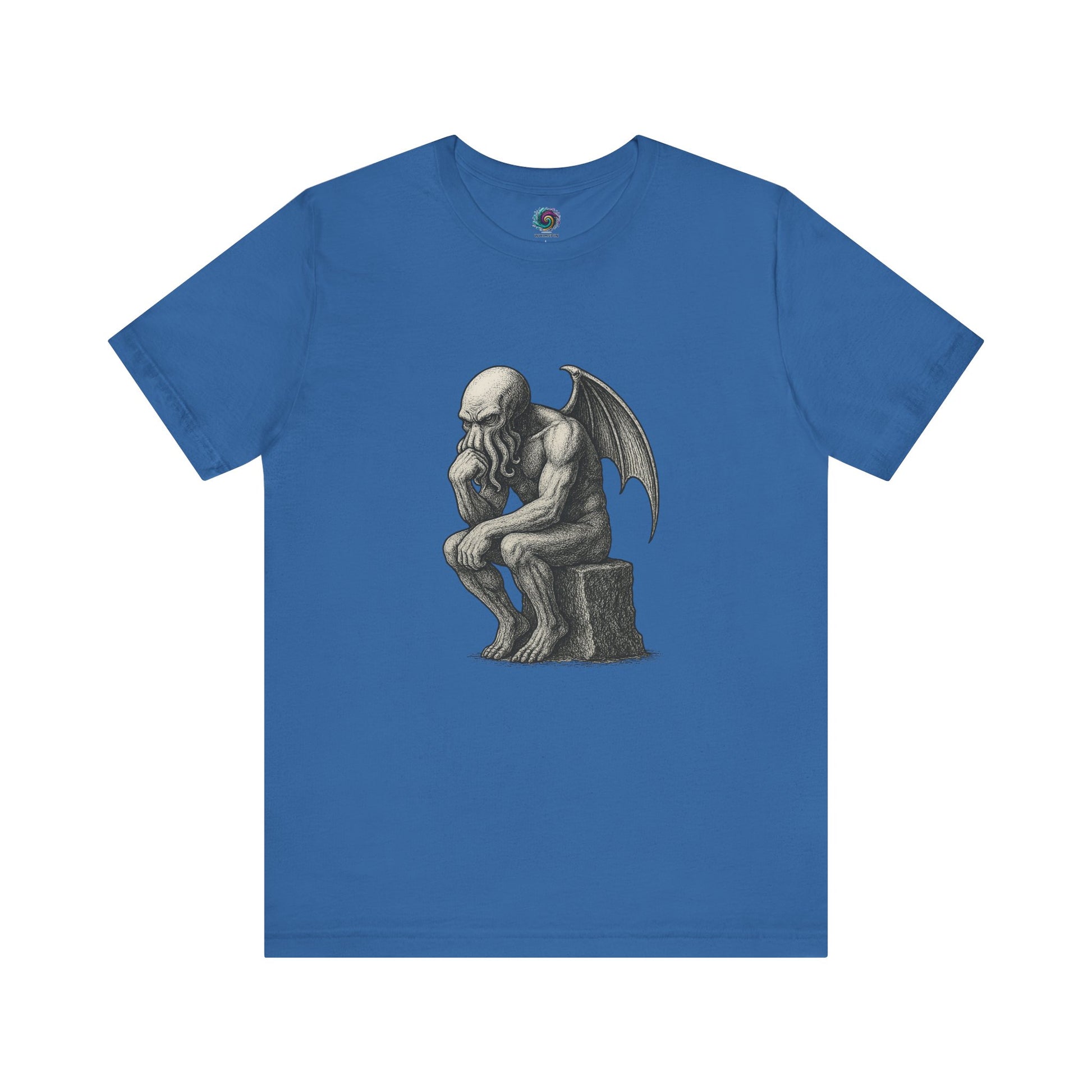 The Thinker Cthulhu Shirt – Lovecraftian Funny T-Shirt Unisex Graphic Tee in navy, blending humor and horror in a thinker parody tee.