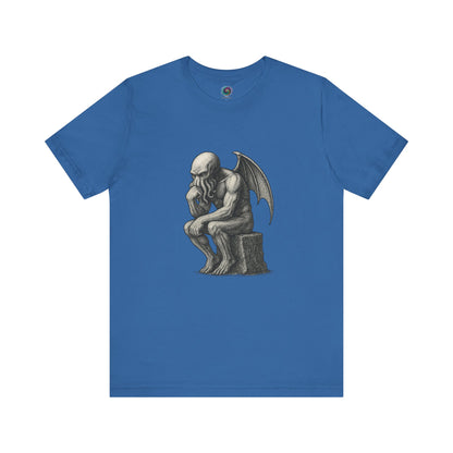 The Thinker Cthulhu Shirt – Lovecraftian Funny T-Shirt Unisex Graphic Tee in navy, blending humor and horror in a thinker parody tee.