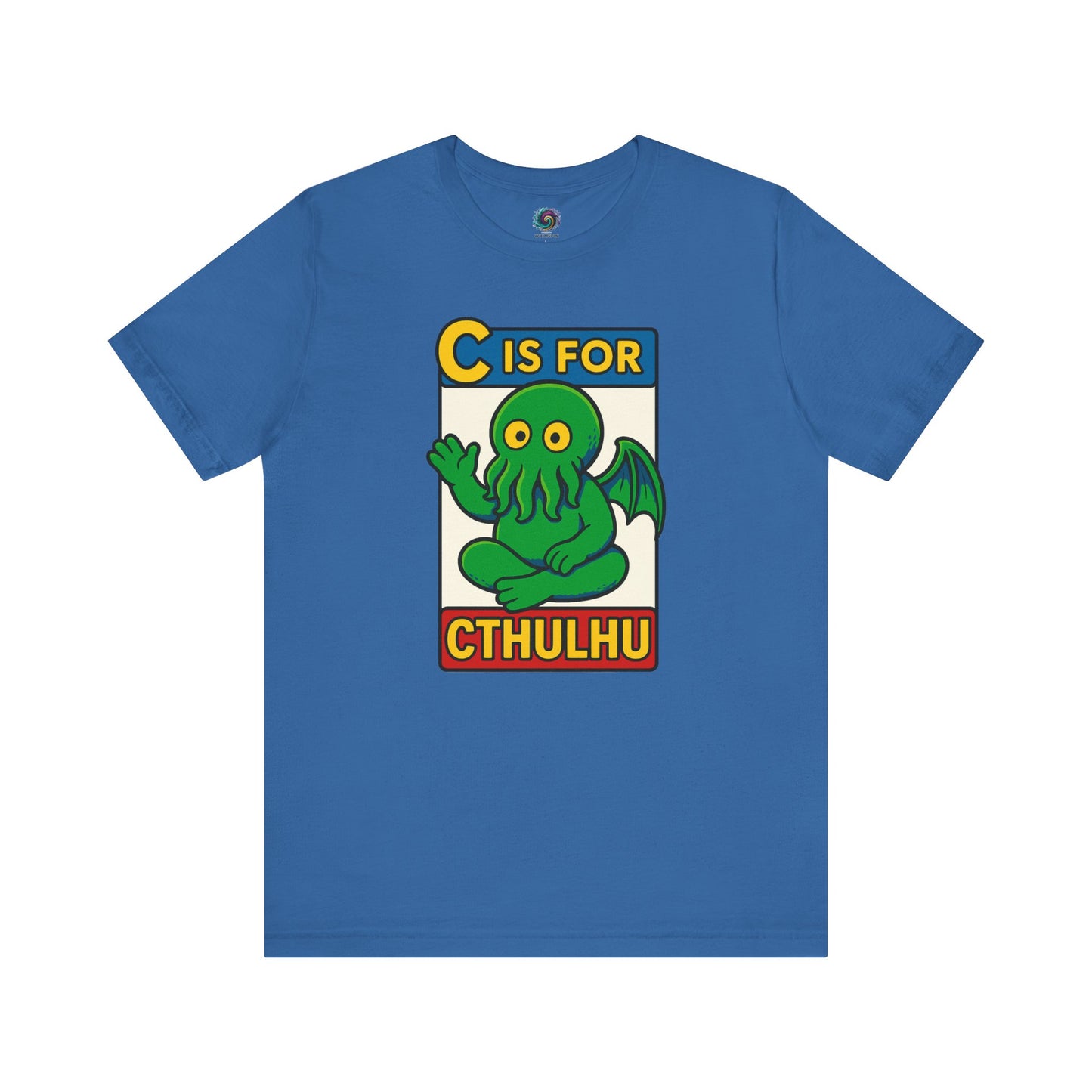C is for Cthulhu T-Shirt – Lovecraftian Funny Cartoon Tee in columbia blue, flat lay with cheerful Cthulhu cartoon design.