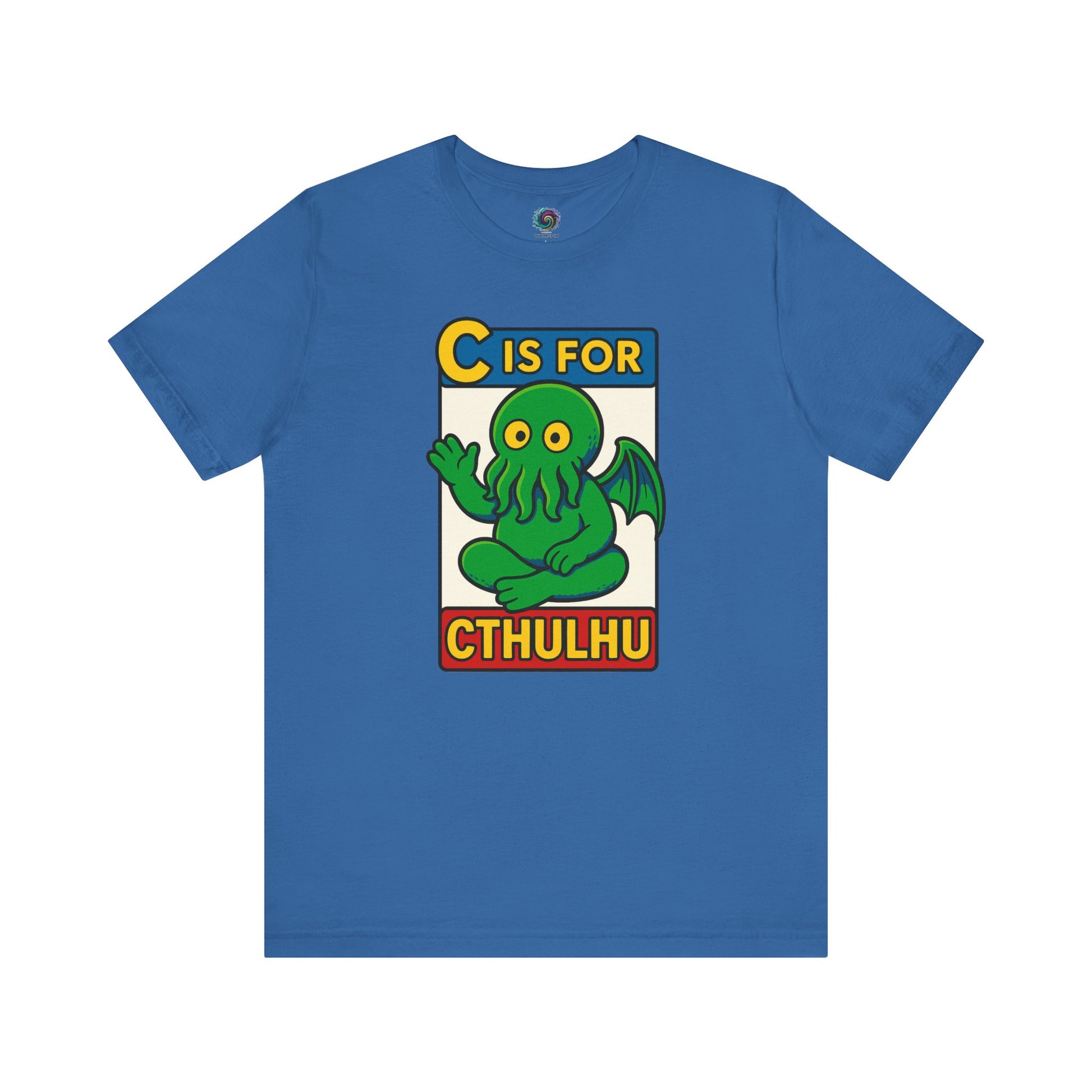 C is for Cthulhu T-Shirt – Lovecraftian Funny Cartoon Tee in columbia blue, flat lay with cheerful Cthulhu cartoon design.