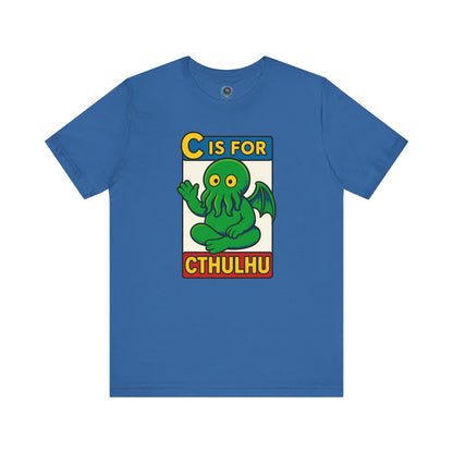 C is for Cthulhu T-Shirt – Lovecraftian Funny Cartoon Tee in columbia blue, flat lay with cheerful Cthulhu cartoon design.