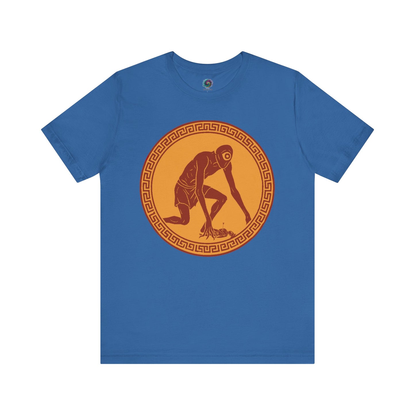 Columbia Blue t-shirt with a central red and gold circular design featuring a stylized image of Polyphemus, Cyclops from The Odyssey 