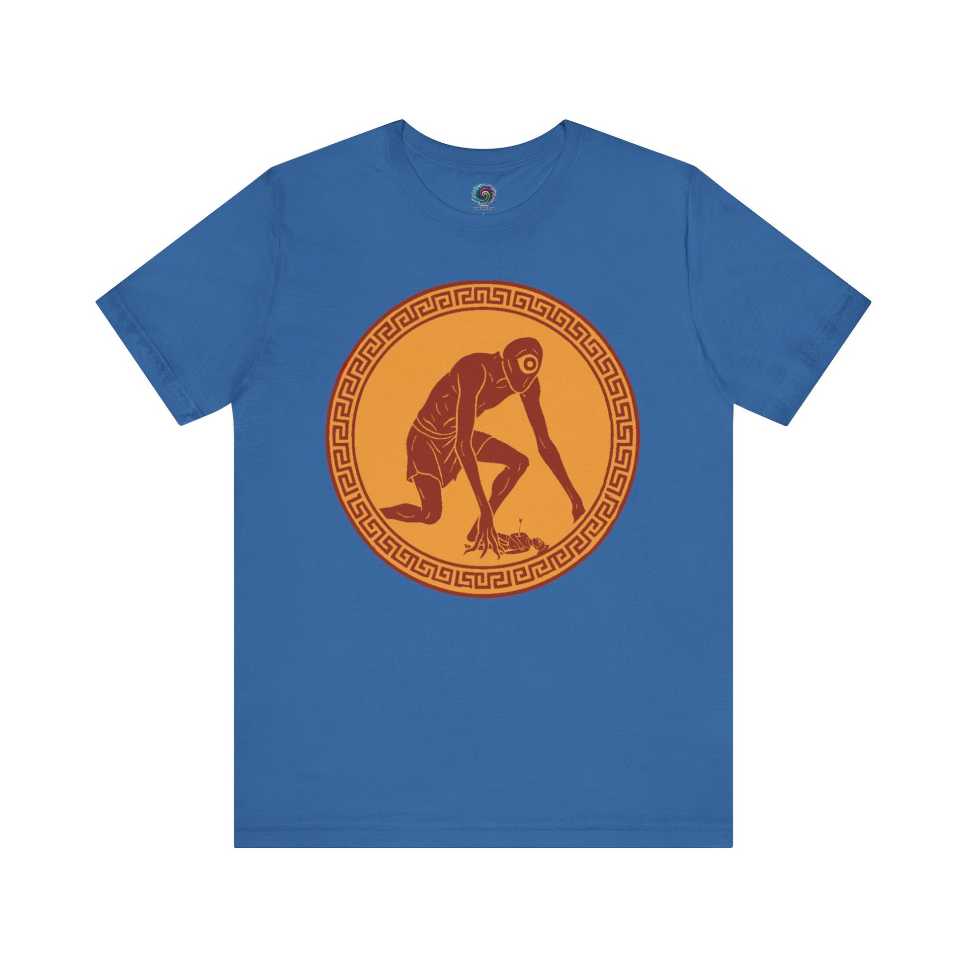 Columbia Blue t-shirt with a central red and gold circular design featuring a stylized image of Polyphemus, Cyclops from The Odyssey 