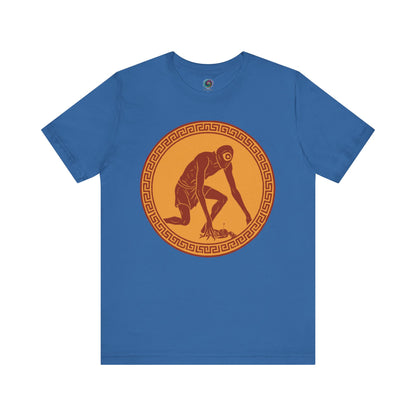 Columbia Blue t-shirt with a central red and gold circular design featuring a stylized image of Polyphemus, Cyclops from The Odyssey 