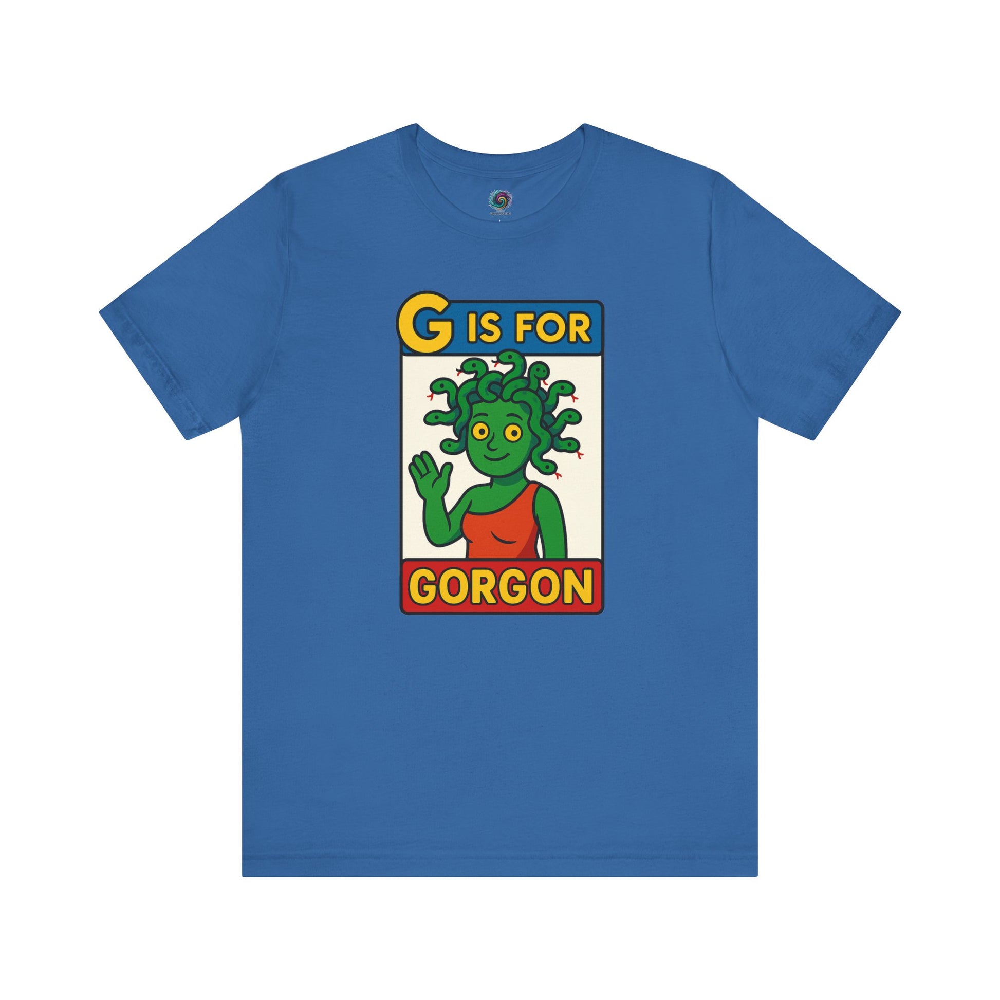 Columbia blue G is for Gorgon tshirt, funny monster alphabet shirt with gorgon head illustration.