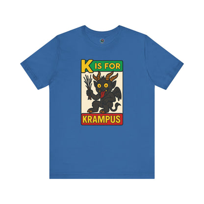 K is for Krampus Alphabet Holiday Graphic T-Shirt in Columbia Blue flat lay with devilish Krampus graphic for holidays