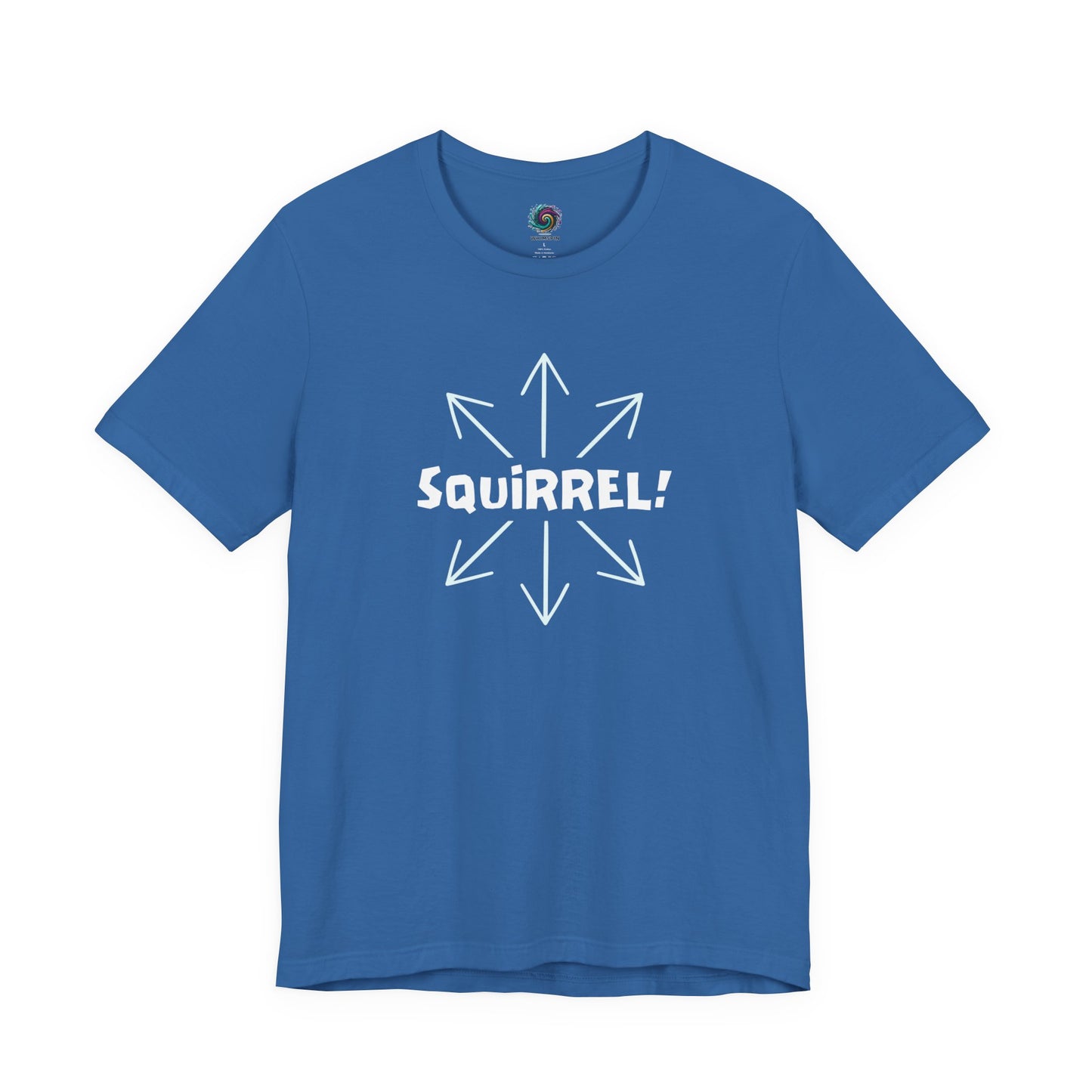 Squirrel Distracted Mind T-Shirt – Funny Attention Graphic Tee in Columbia Blue featuring a wandering mind squirrel shirt design.