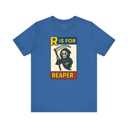 R Is For Reaper T-Shirt – Cute Grim Reaper Shirt from the Monster Alphabet Series in Columbia blue with playful graveyard charm