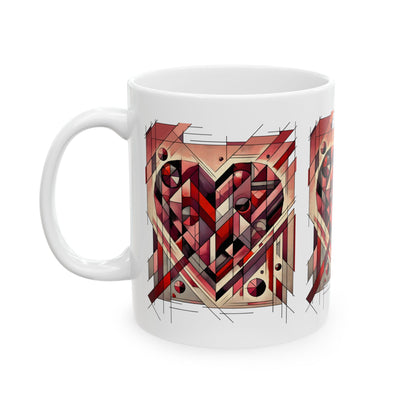Cubist Heart Mug – Modern Art Valentine's Day Ceramic Coffee Cup (11oz/15oz) presented in the 11oz version, highlighting a geometric heart design inspired by cubism and contemporary Valentine art.