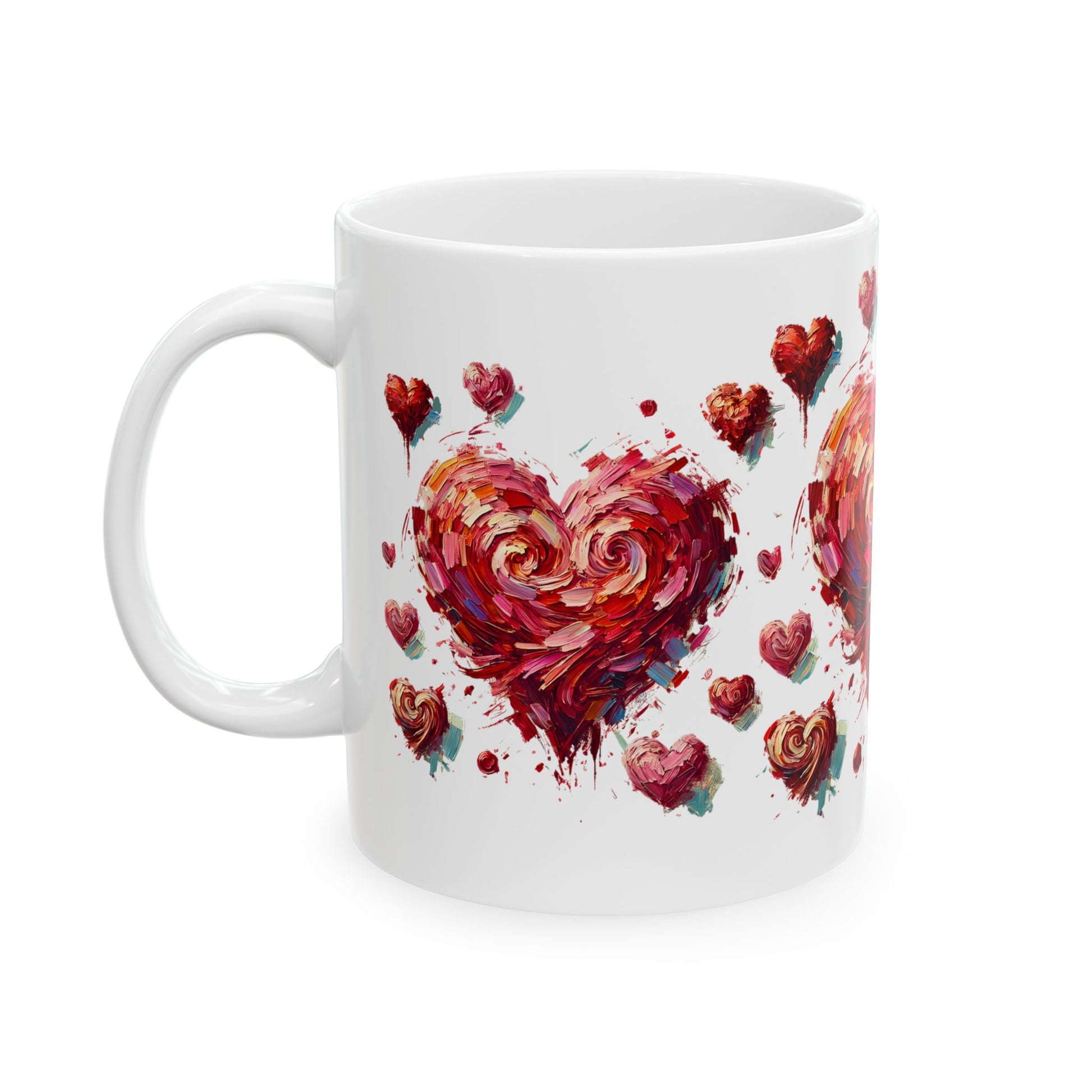 Impressionistic Heart Mug – Artistic Valentine's Day Coffee Cup 11oz & 15 oz shown in the 11oz size, featuring a vibrant impressionistic heart artwork with layered brushstroke texture and romantic art appeal.