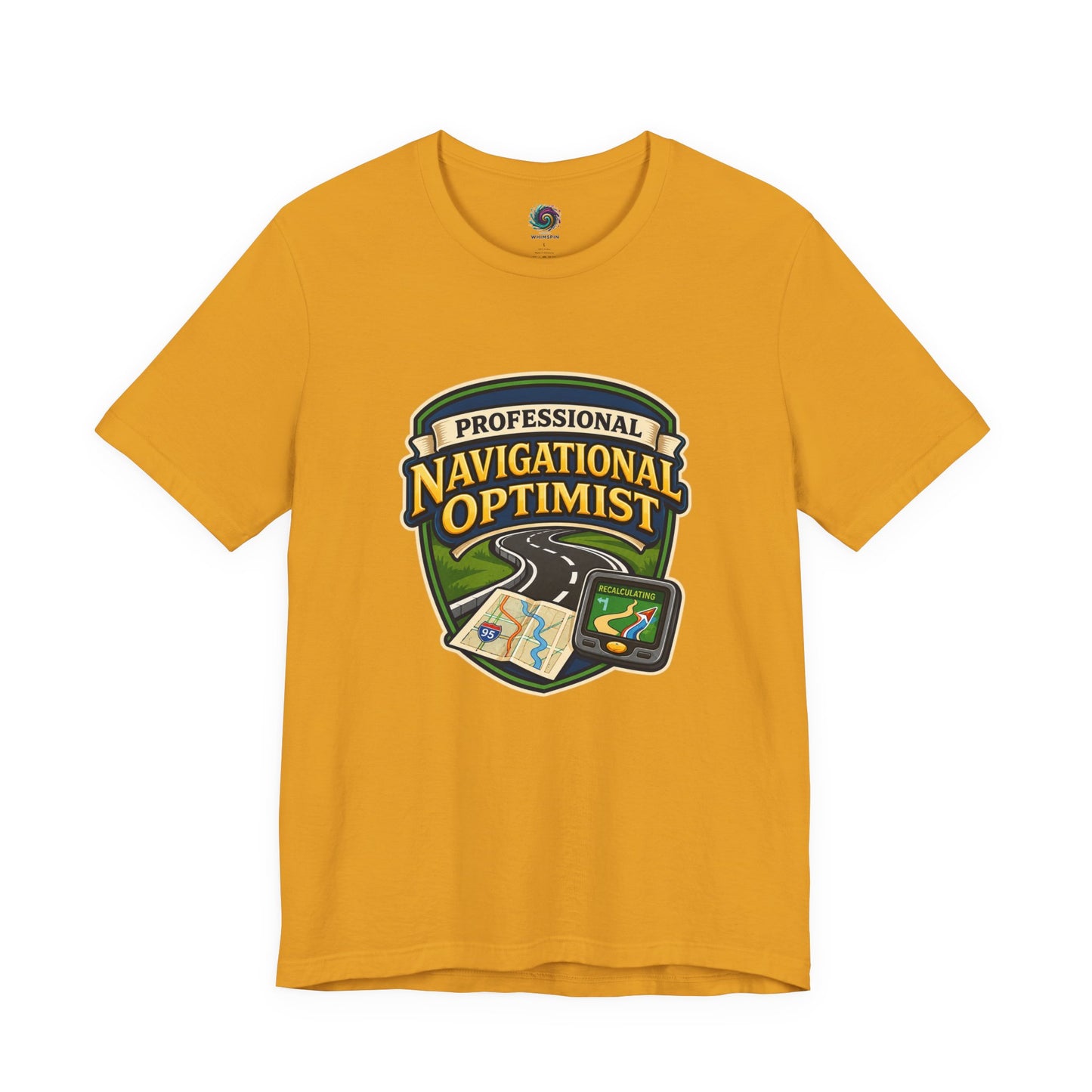 Mustard Professional Navigation Optimist Tee featuring humorous navigation graphics and vintage road-trip styling