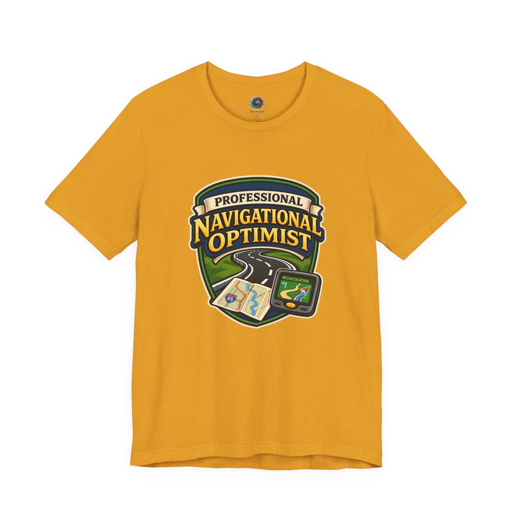 Mustard Professional Navigation Optimist Tee featuring humorous navigation graphics and vintage road-trip styling