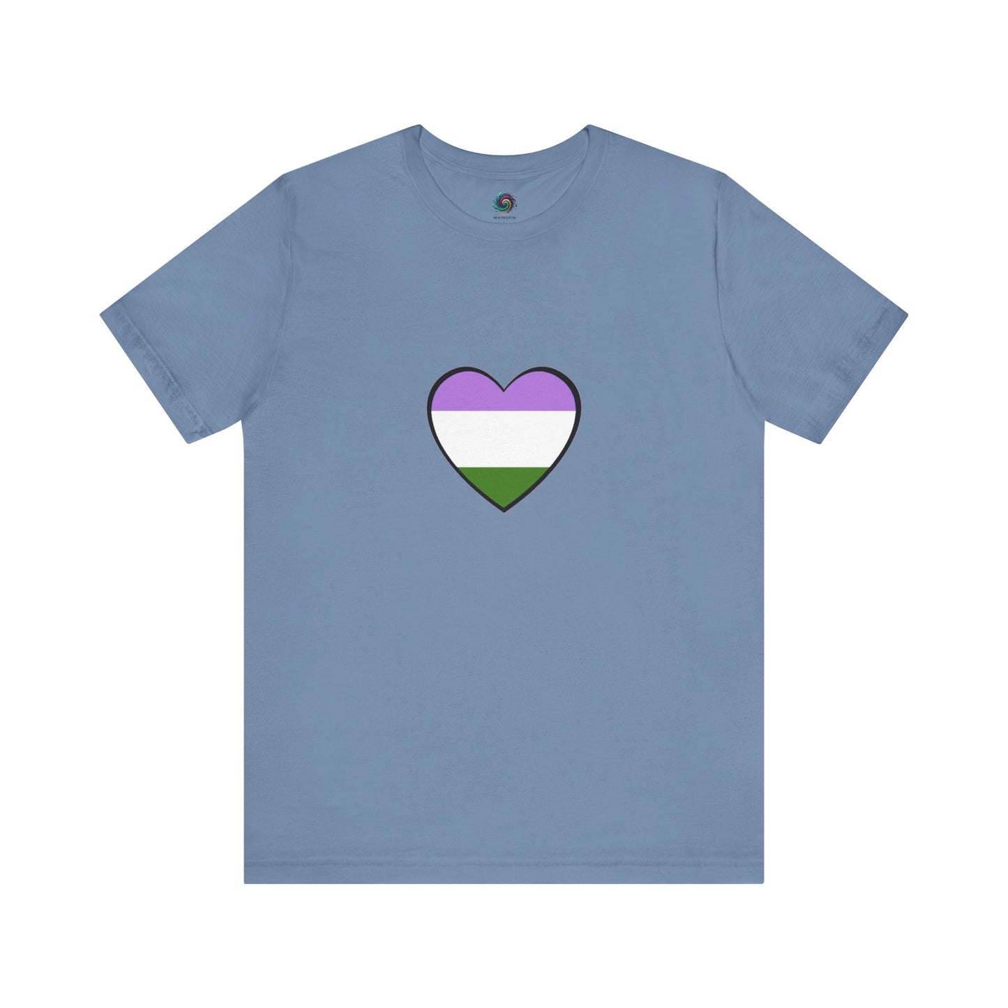 Genderqueer Flag Heart T-Shirt – Unisex LGBTQ+ Graphic Tee in steel blue featuring a centered genderqueer heart, ideal for a calm, confident pride look.