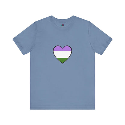Genderqueer Flag Heart T-Shirt – Unisex LGBTQ+ Graphic Tee in steel blue featuring a centered genderqueer heart, ideal for a calm, confident pride look.