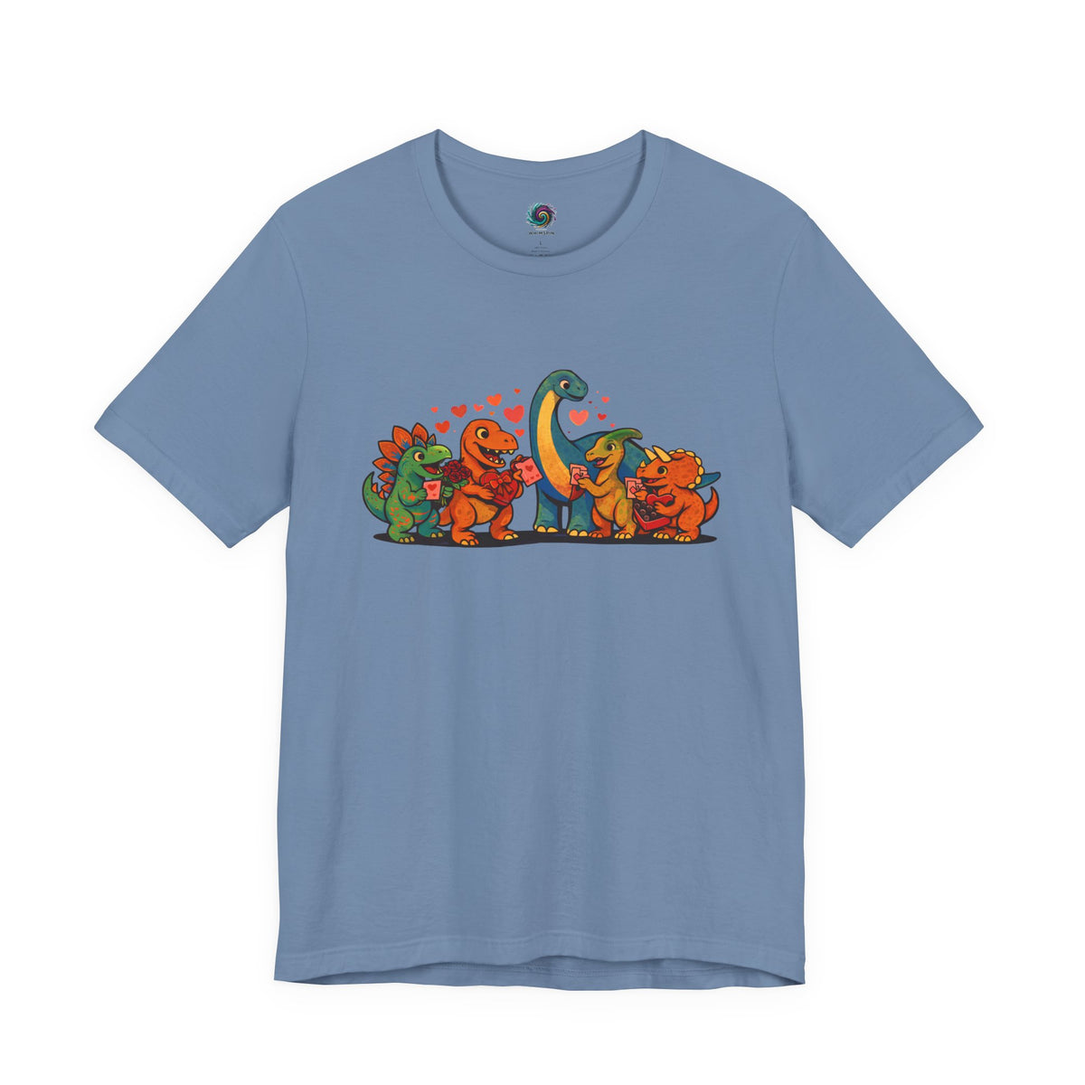 Dinosaur Valentines T-Shirt – Cute Dino Valentine’s Day Tee in Steel Blue with a balanced, modern dinosaur valentine illustration