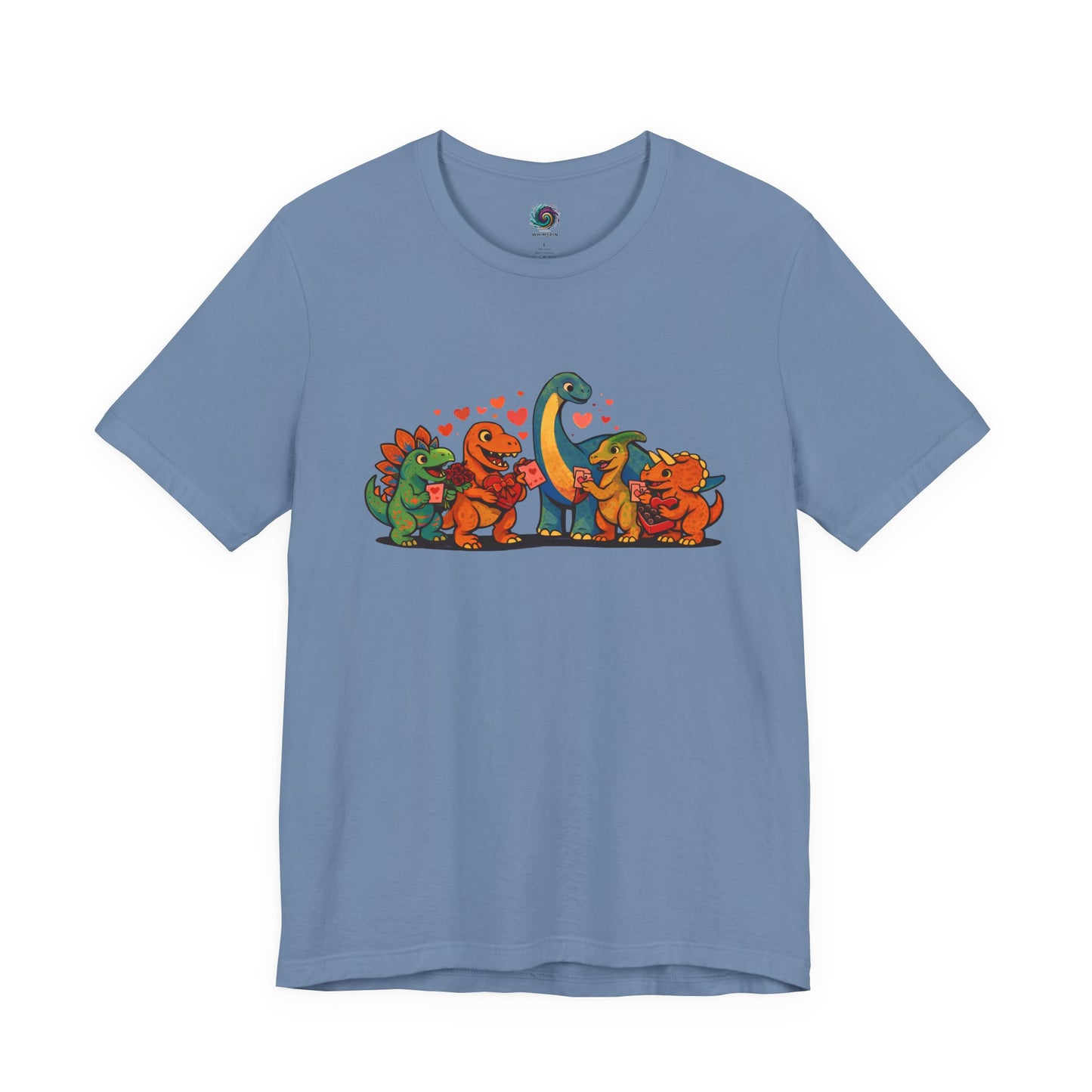 Dinosaur Valentines T-Shirt – Cute Dino Valentine’s Day Tee in Steel Blue with a balanced, modern dinosaur valentine illustration