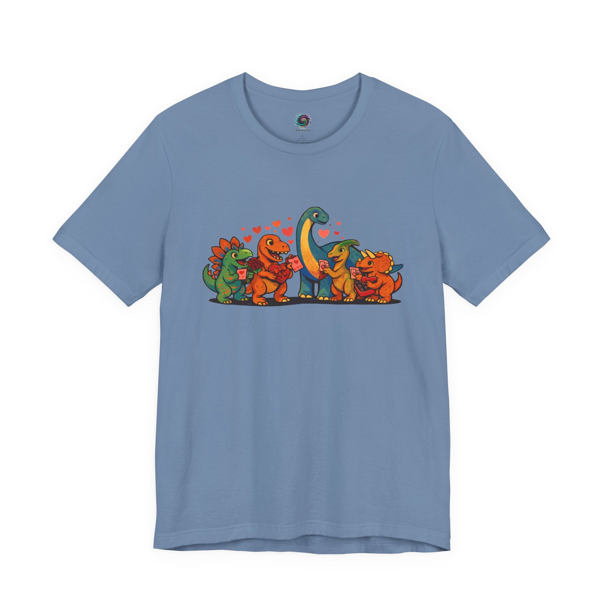 Dinosaur Valentines T-Shirt – Cute Dino Valentine’s Day Tee in Steel Blue with a balanced, modern dinosaur valentine illustration