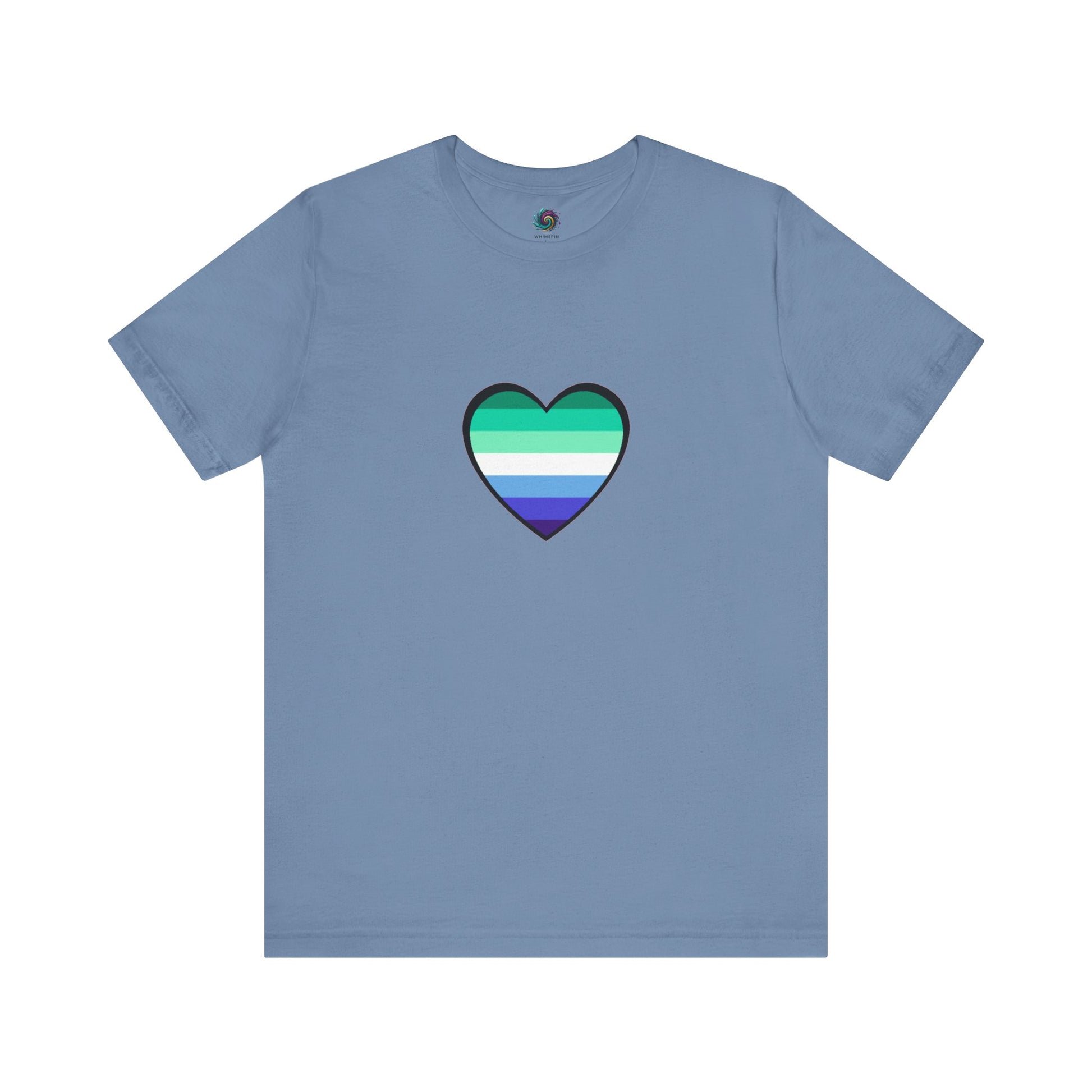 Gay Men's Pride Flag Heart T-Shirt – LGBTQ+ Flag Design on Unisex Tee in steel blue, featuring a gradient gay pride heart with blue and green tones.
