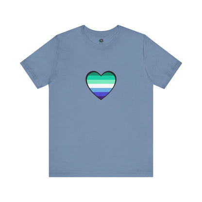 Gay Men's Pride Flag Heart T-Shirt – LGBTQ+ Flag Design on Unisex Tee in steel blue, featuring a gradient gay pride heart with blue and green tones.