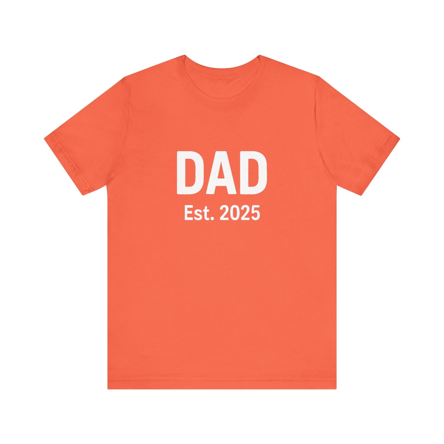 Dad Est. 2025 T-Shirt – New Dad Shirt, First Father’s Day Gift, Pregnancy Announcement Tee in coral flat lay, perfect for fun baby announcements
