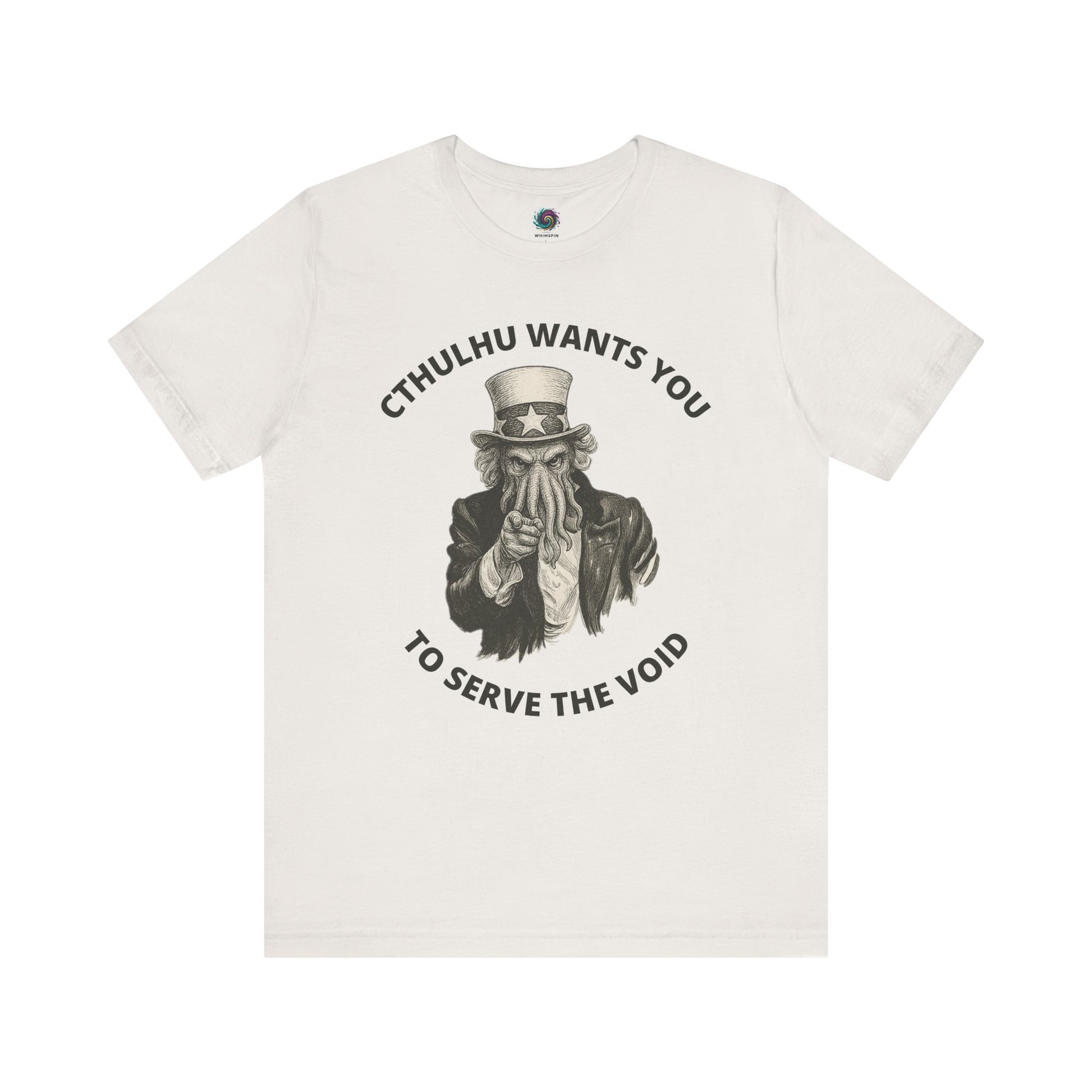 Cthulhu Wants You T-Shirt – Mythos Horror Tee for Lovecraft Fans shown flat in white, featuring the Cthulhu Uncle Sam design and dark humor appeal.
